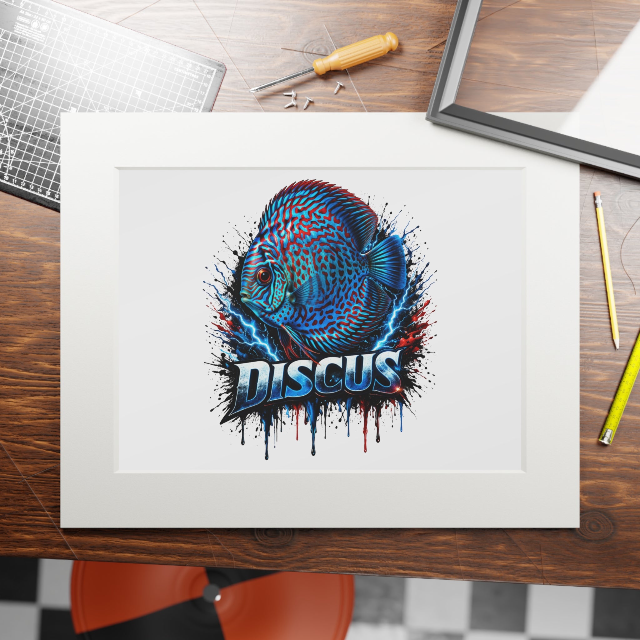 Discus Fish Fine Art Print with Passepartout Frame — Vibrant Blue Aquarium Wall Art