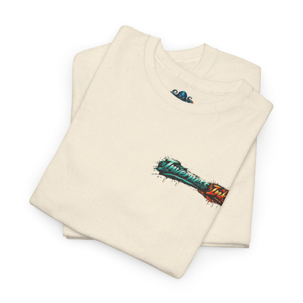 Inverness Ink Graphic Tee — Bold Blue & Orange Splash Backprint