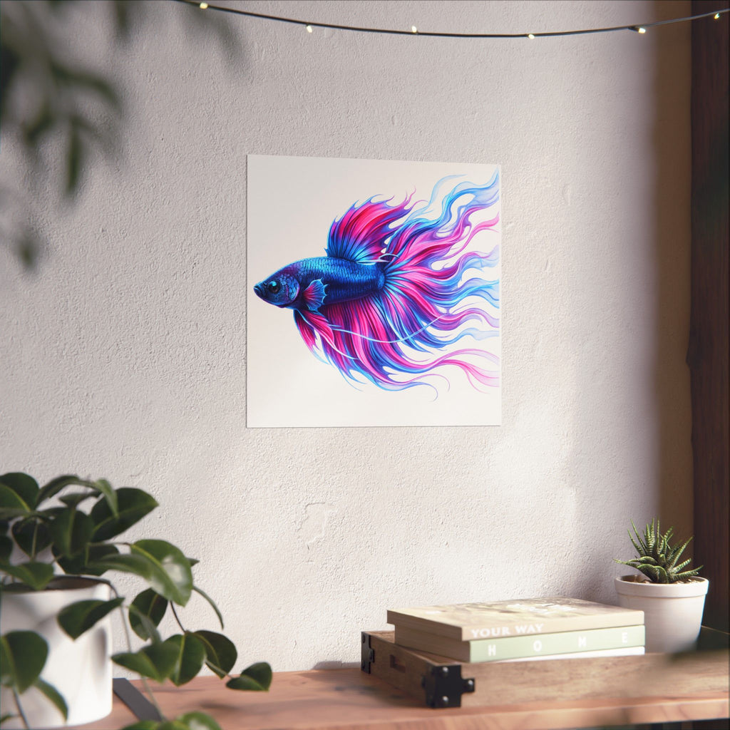 Betta Fish Art Poster — Colorful Blue & Pink Matte Vertical Wall Print