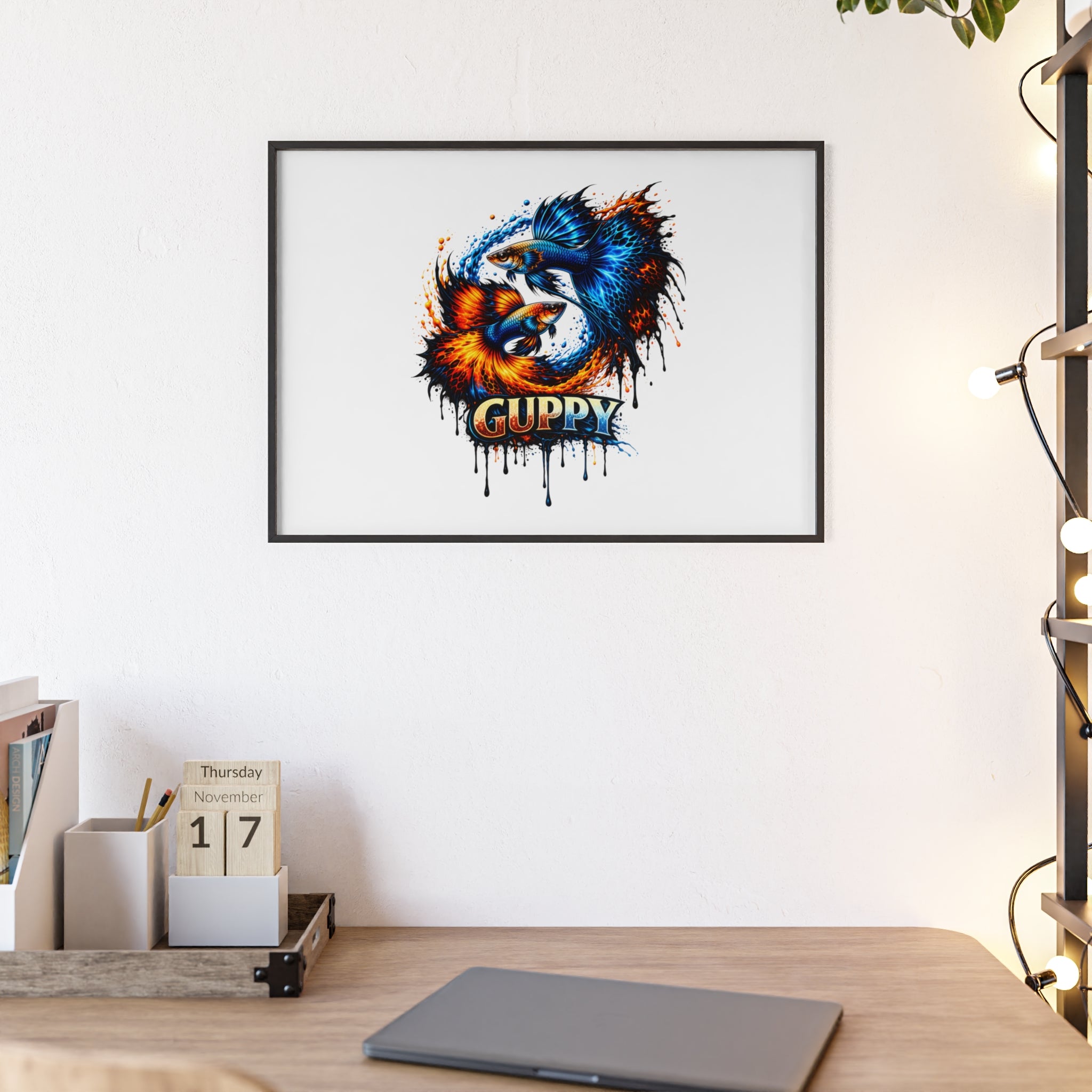 Guppy Fish Art Poster with Wooden Frame — Colorful Koi-Style Aquarium Print