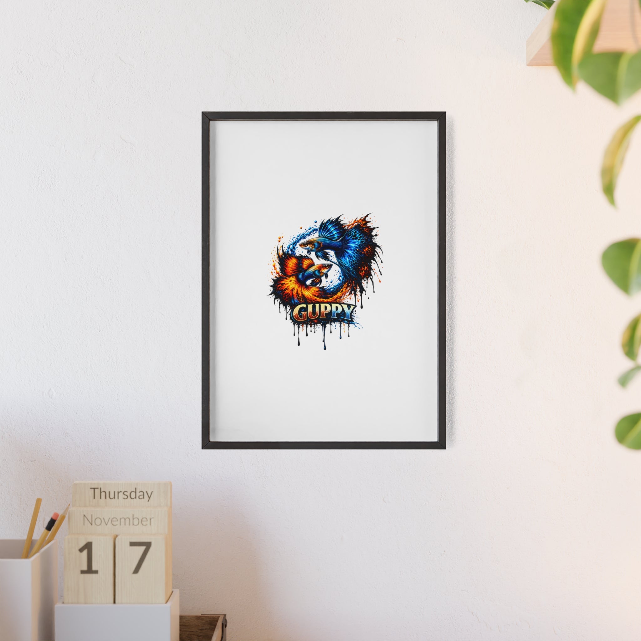 Guppy Fish Art Poster with Wooden Frame — Colorful Koi-Style Aquarium Print