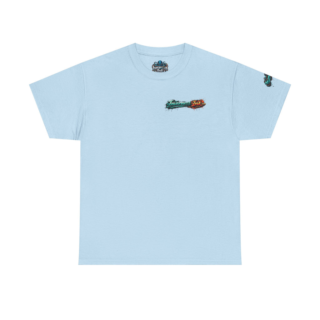 Inverness Ink Graphic Tee — Bold Blue & Orange Splash Backprint