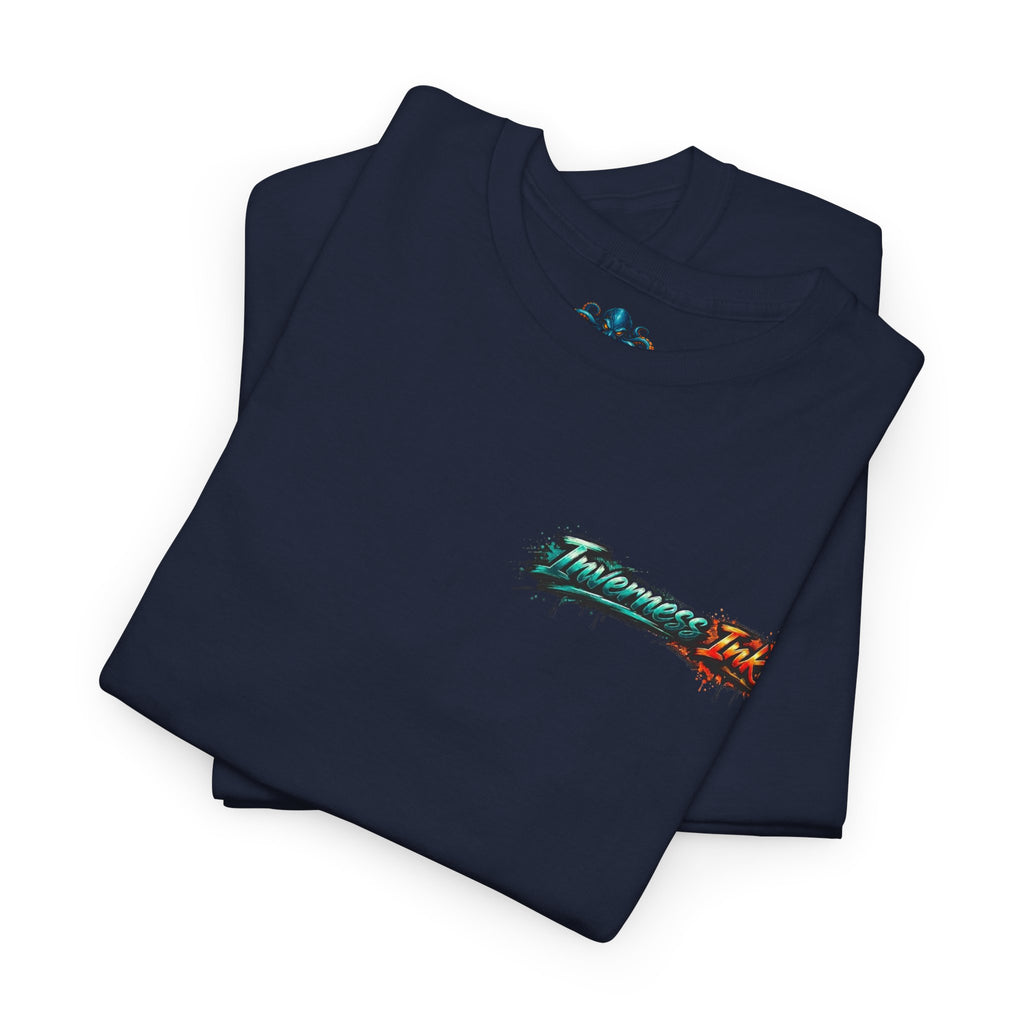 Inverness Ink Graphic Tee — Bold Blue & Orange Splash Backprint