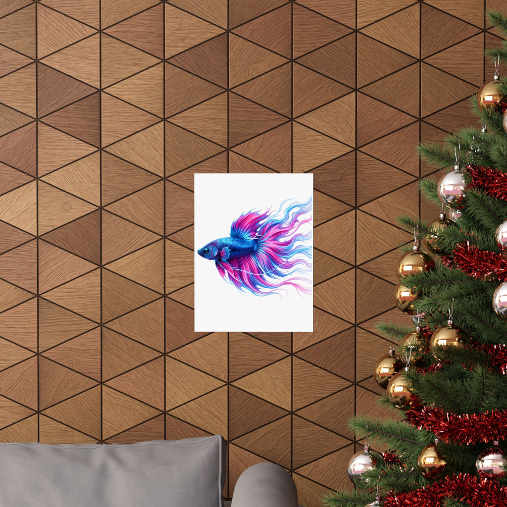 Betta Fish Art Poster — Colorful Blue & Pink Matte Vertical Wall Print
