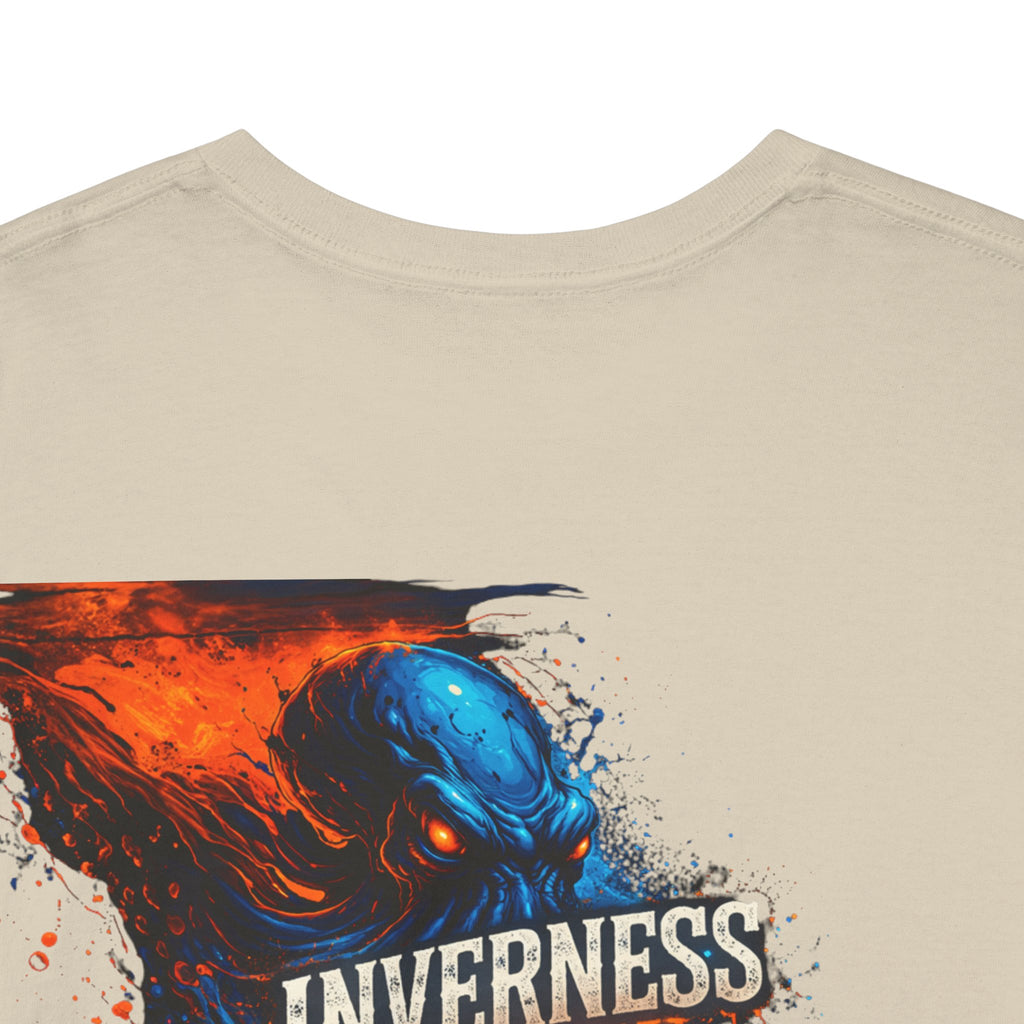 Inverness Ink Graphic Tee — Bold Blue & Orange Splash Backprint