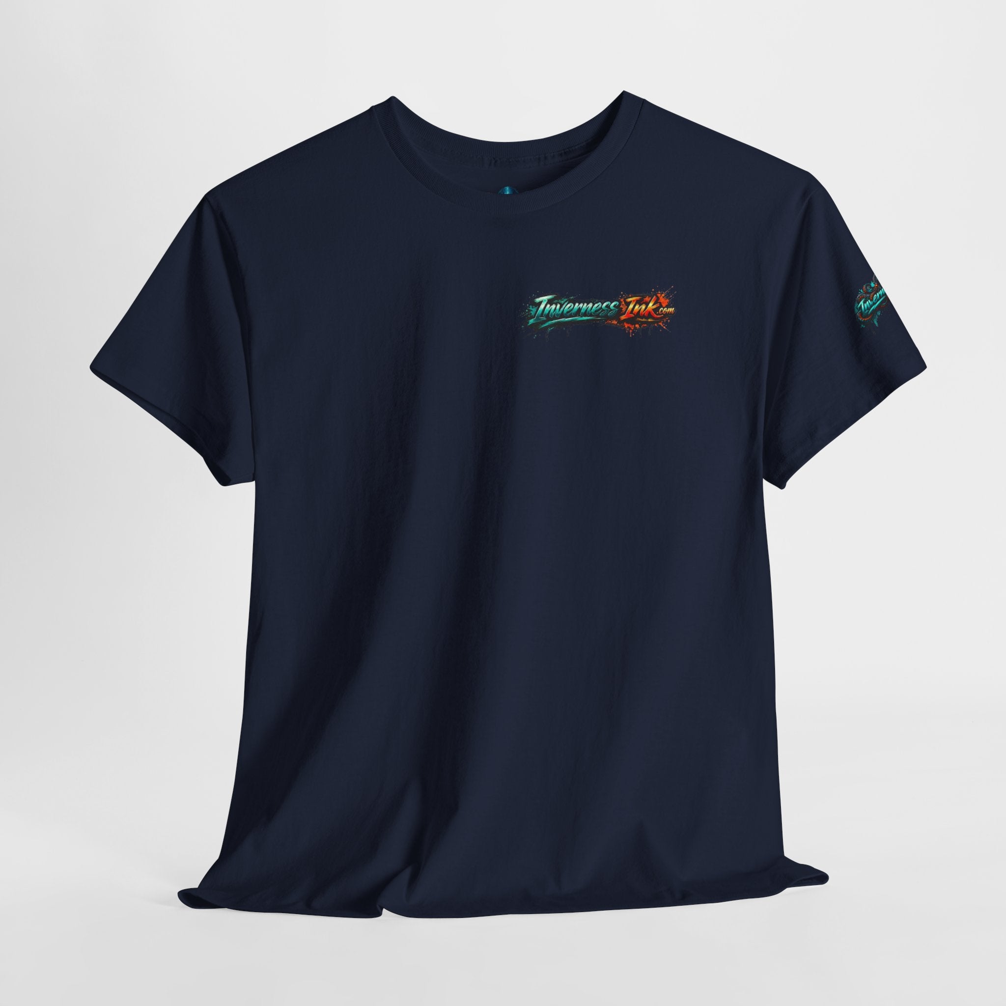 Inverness Ink Graphic Tee — Bold Blue & Orange Splash Backprint