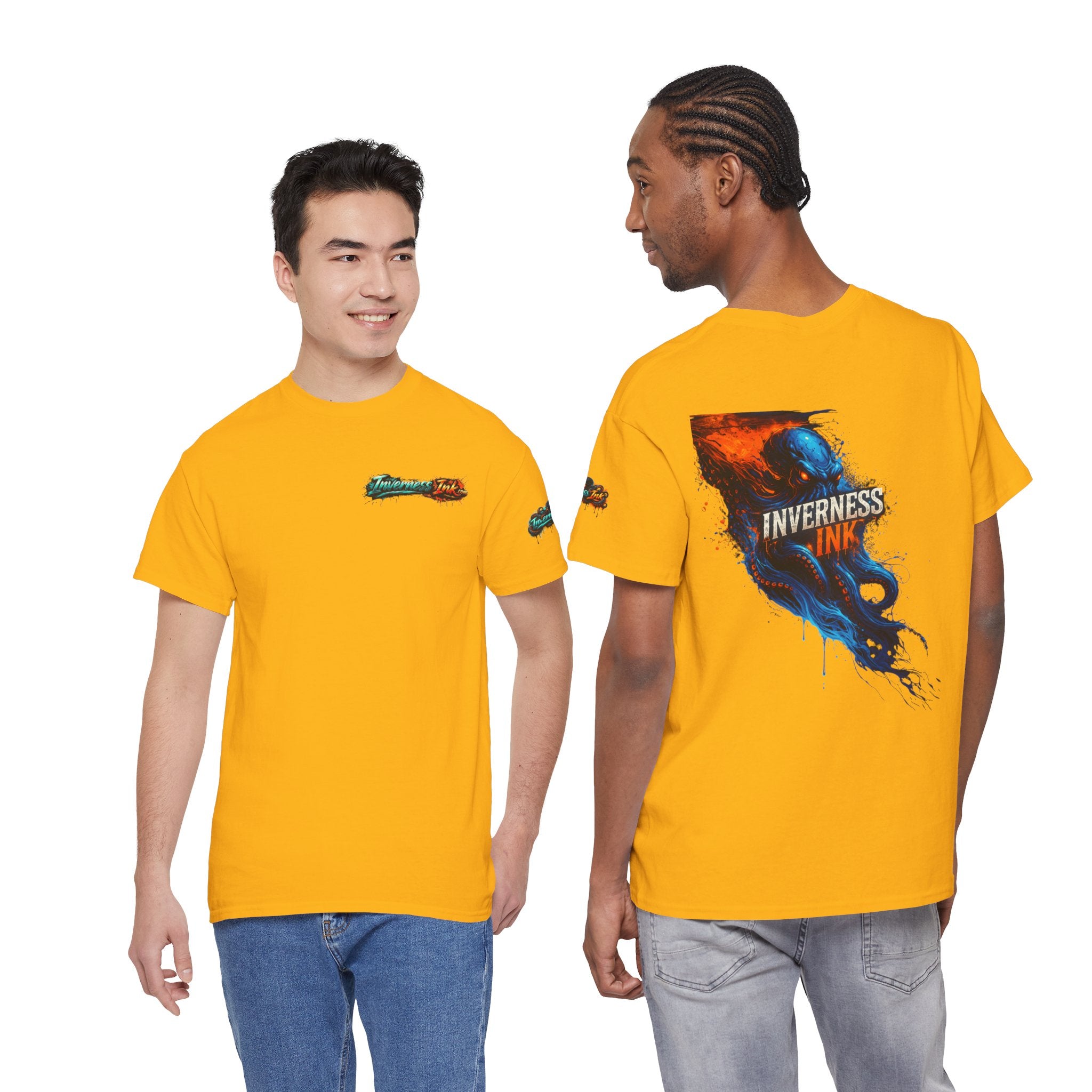 Inverness Ink Graphic Tee — Bold Blue & Orange Splash Backprint