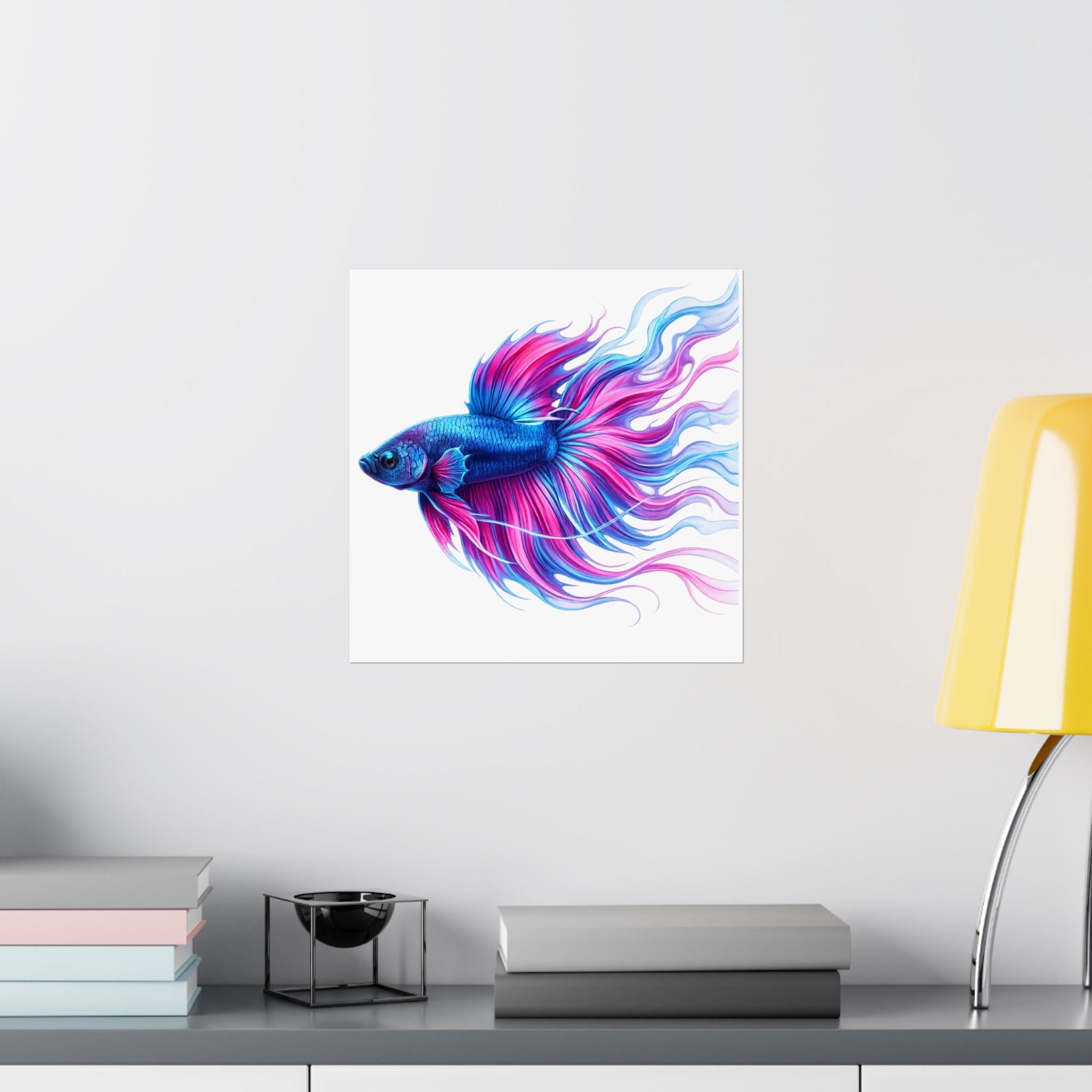 Betta Fish Art Poster — Colorful Blue & Pink Matte Vertical Wall Print