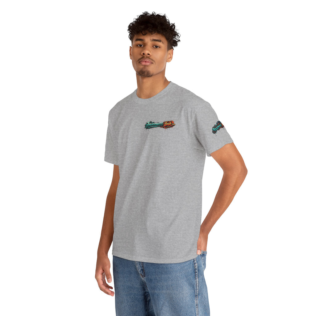 Inverness Ink Graphic Tee — Bold Blue & Orange Splash Backprint