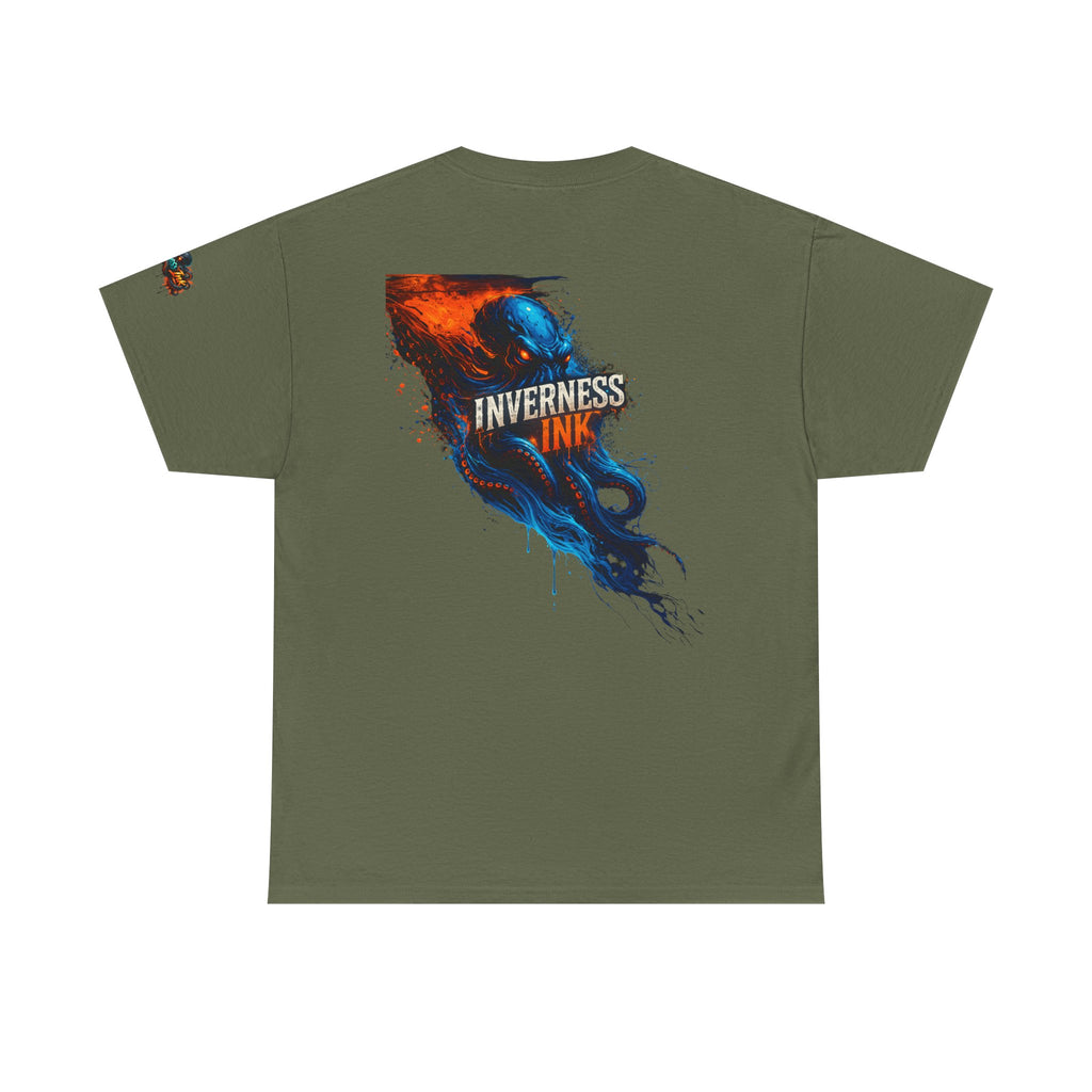 Inverness Ink Graphic Tee — Bold Blue & Orange Splash Backprint