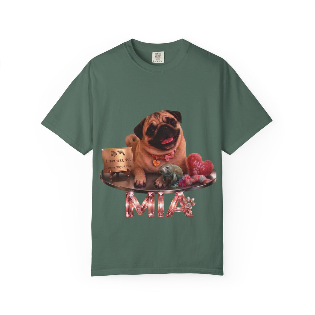 Pug Pet Portrait T-Shirt — Personalized "MIA" Dog Design