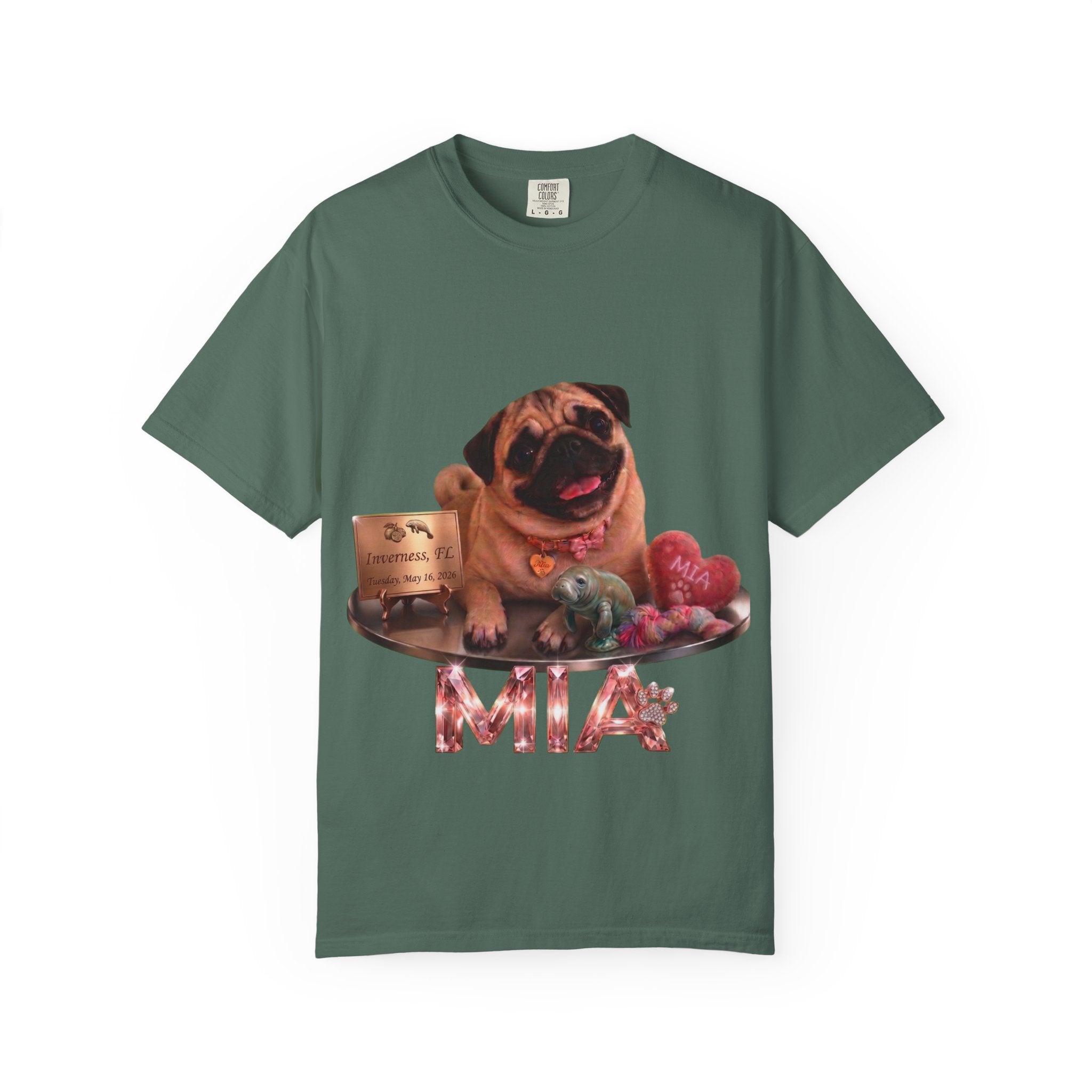 Pug Pet Portrait T-Shirt — Personalized "MIA" Dog Design