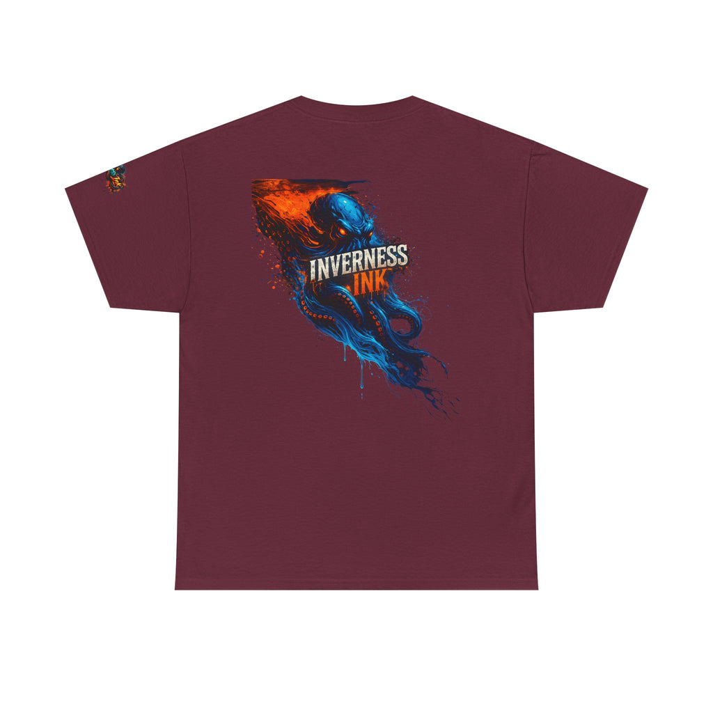Inverness Ink Graphic Tee — Bold Blue & Orange Splash Backprint