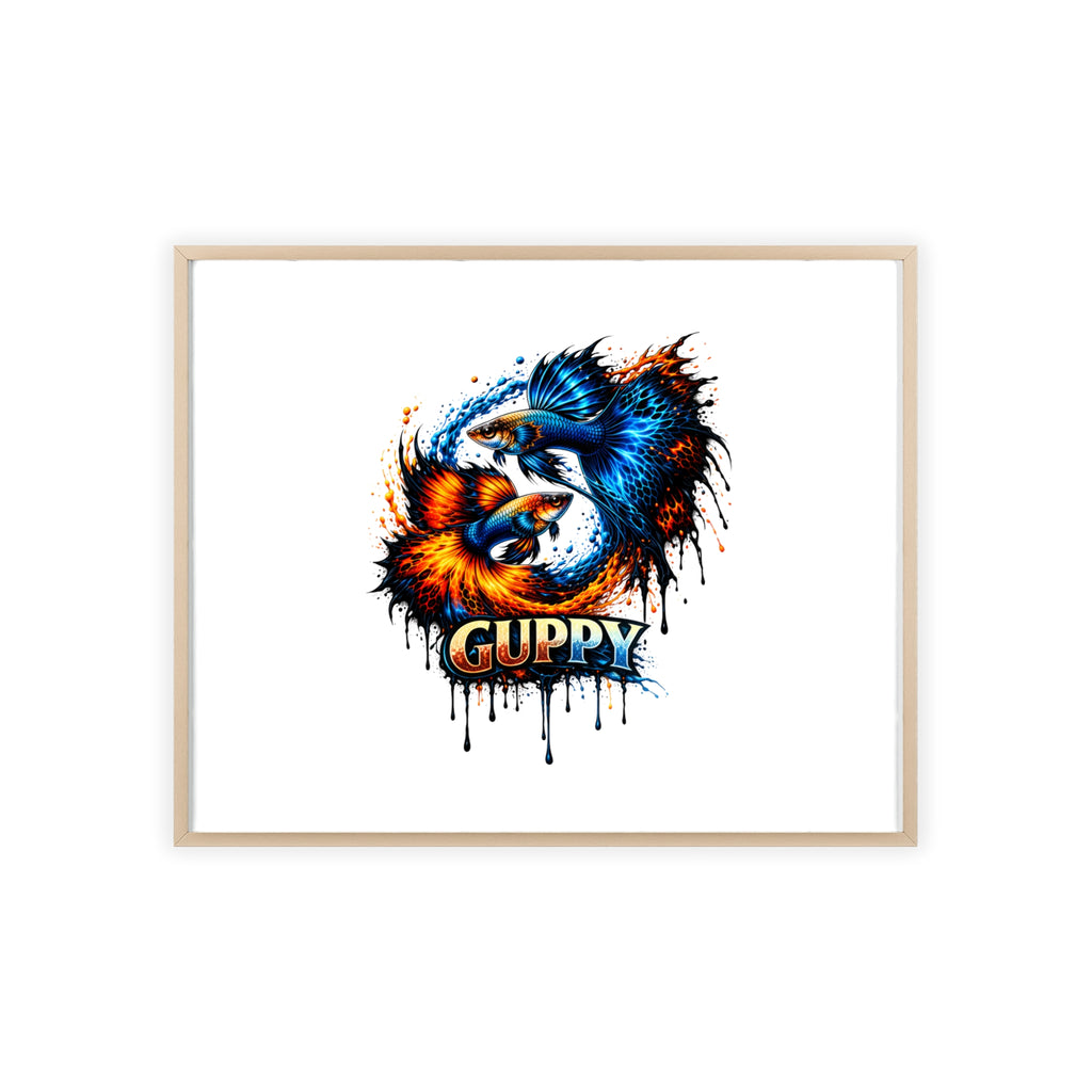 Guppy Fish Art Poster with Wooden Frame — Colorful Koi-Style Aquarium Print
