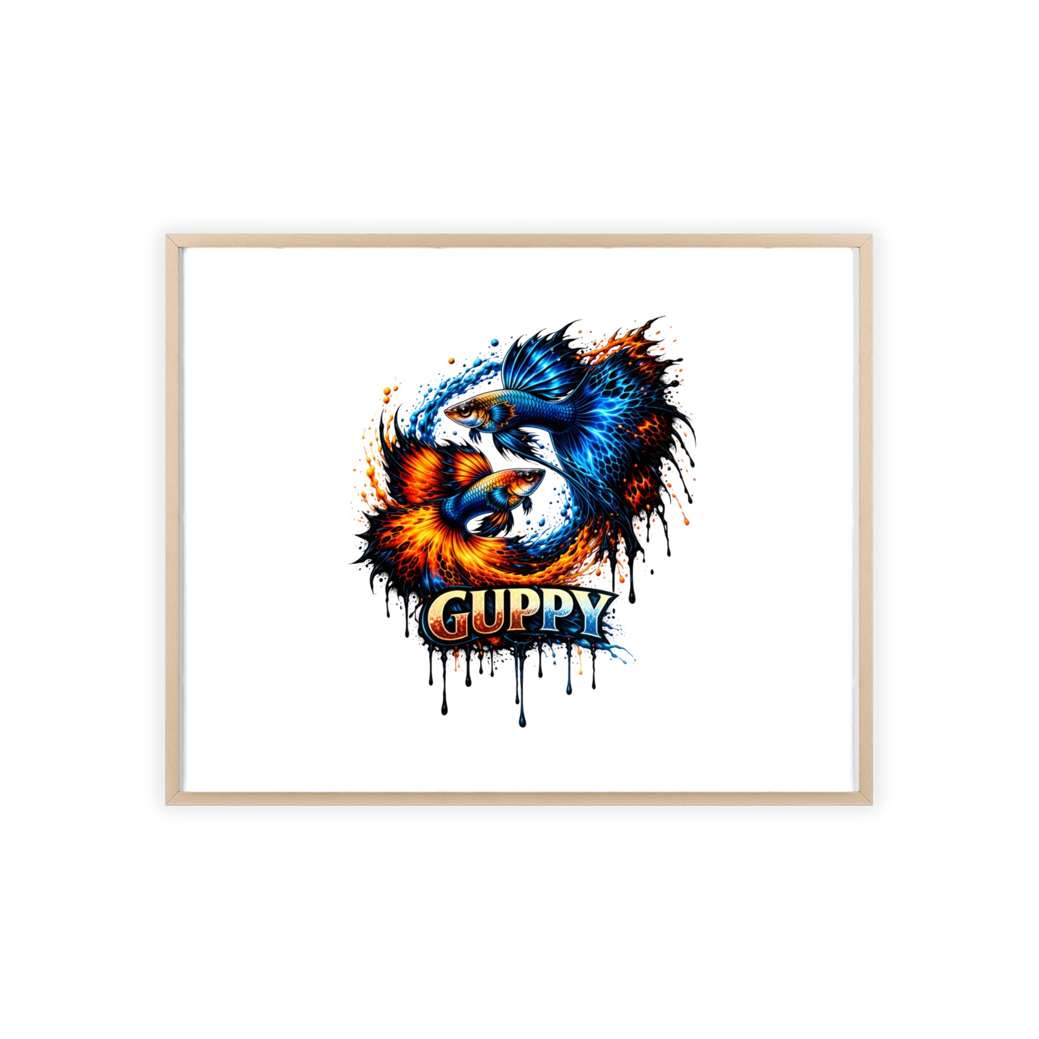 Guppy Fish Art Poster with Wooden Frame — Colorful Koi-Style Aquarium Print