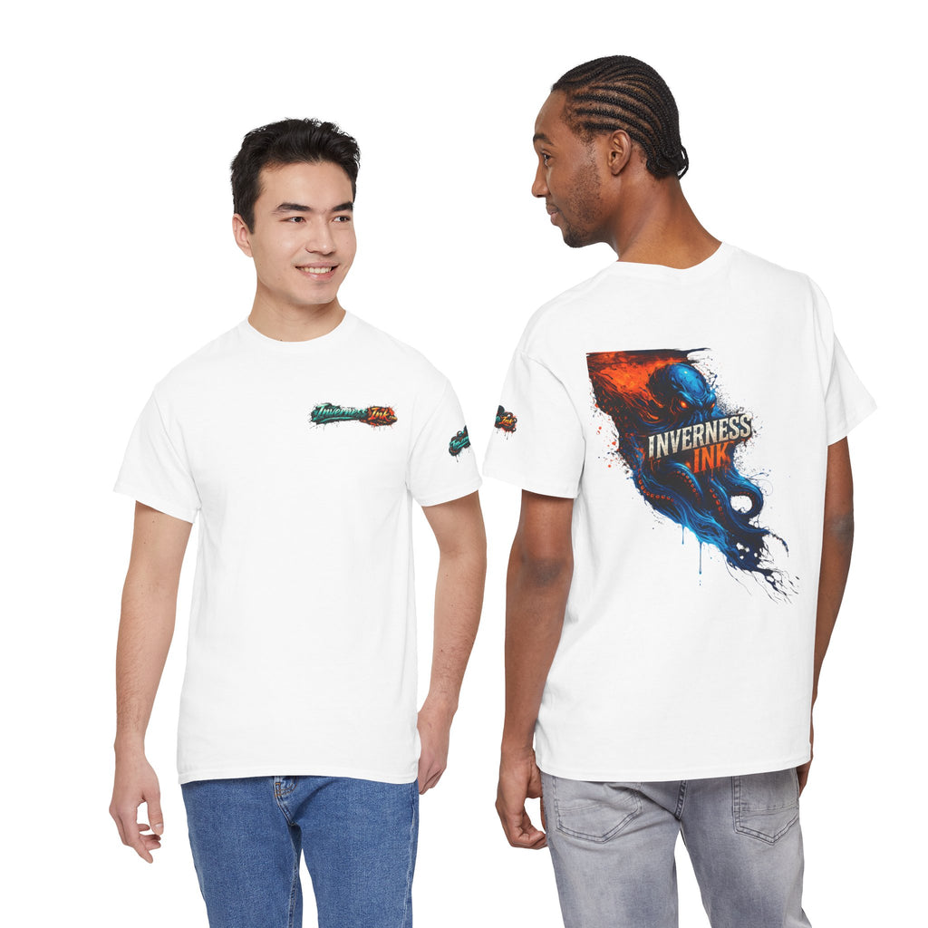 Inverness Ink Graphic Tee — Bold Blue & Orange Splash Backprint