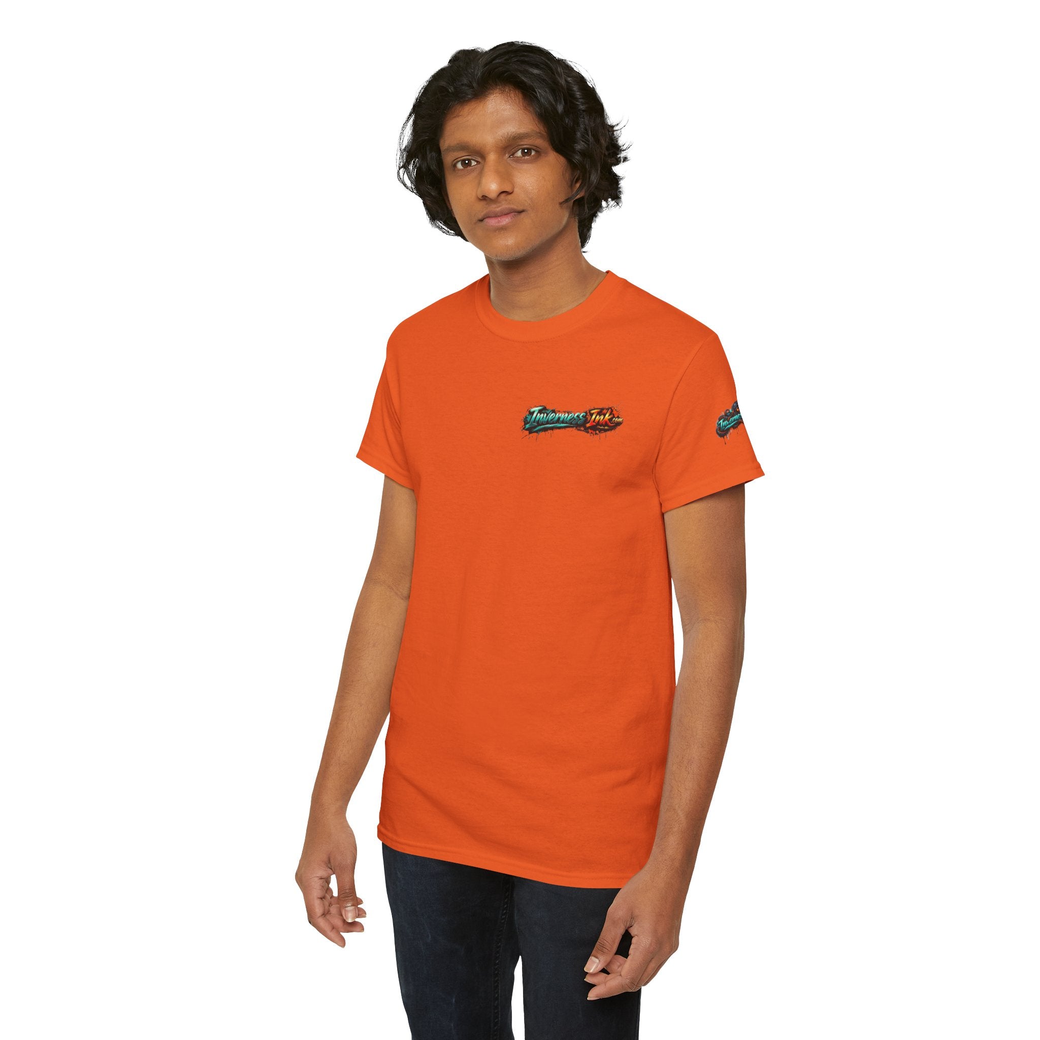 Inverness Ink Graphic Tee — Bold Blue & Orange Splash Backprint
