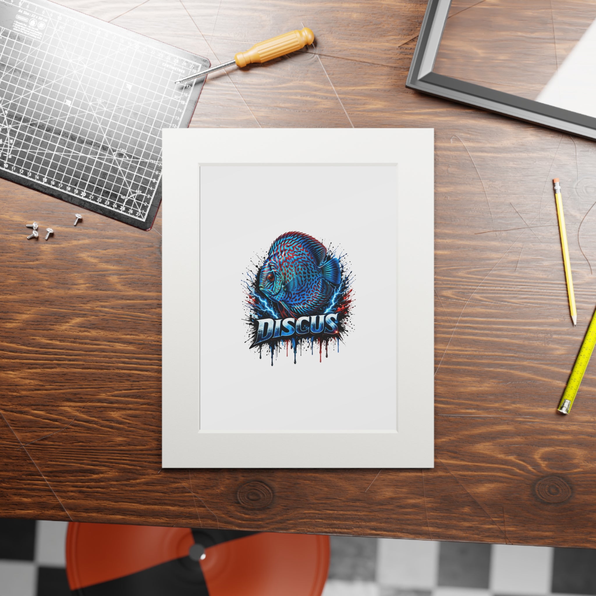 Discus Fish Fine Art Print with Passepartout Frame — Vibrant Blue Aquarium Wall Art