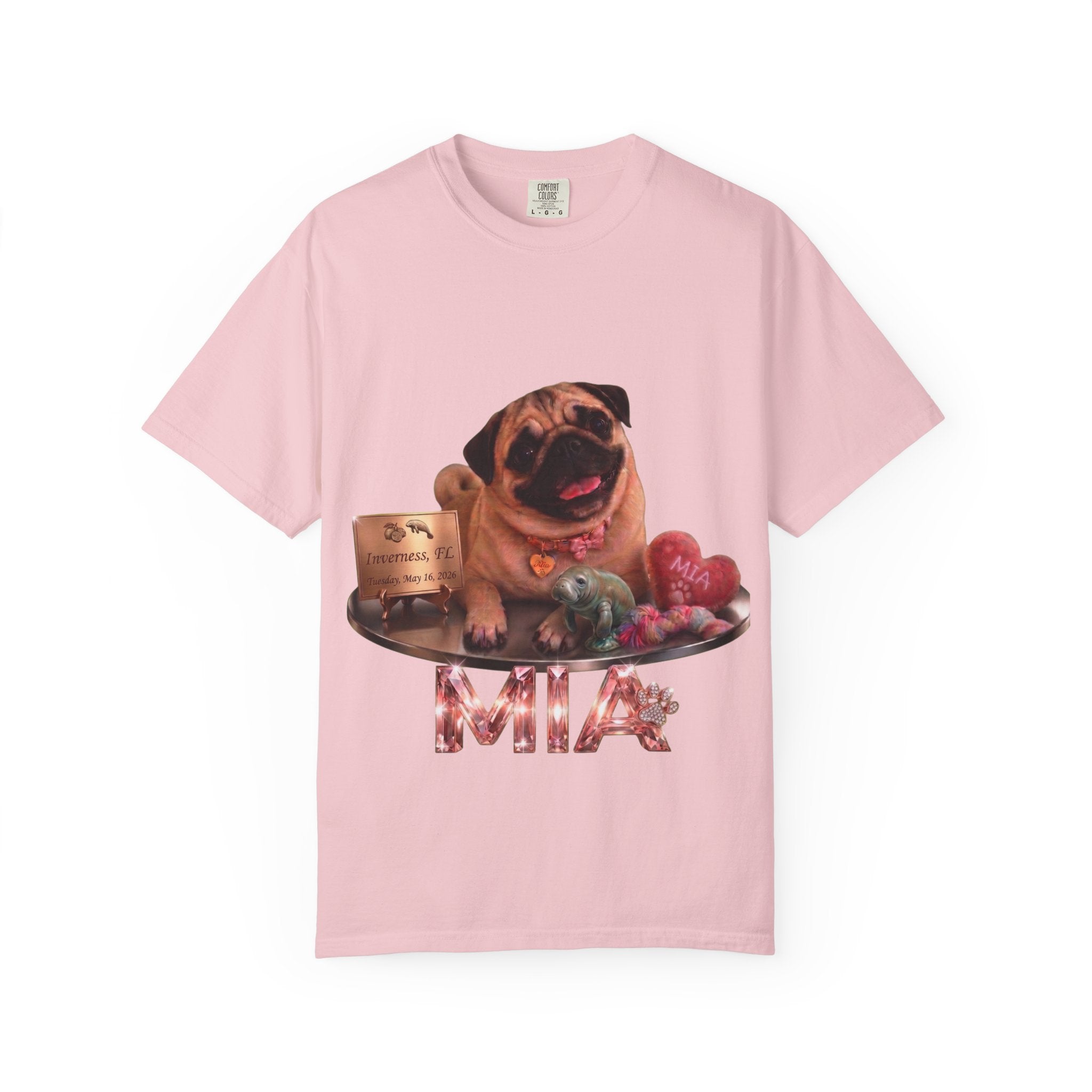 Pug Pet Portrait T-Shirt — Personalized "MIA" Dog Design