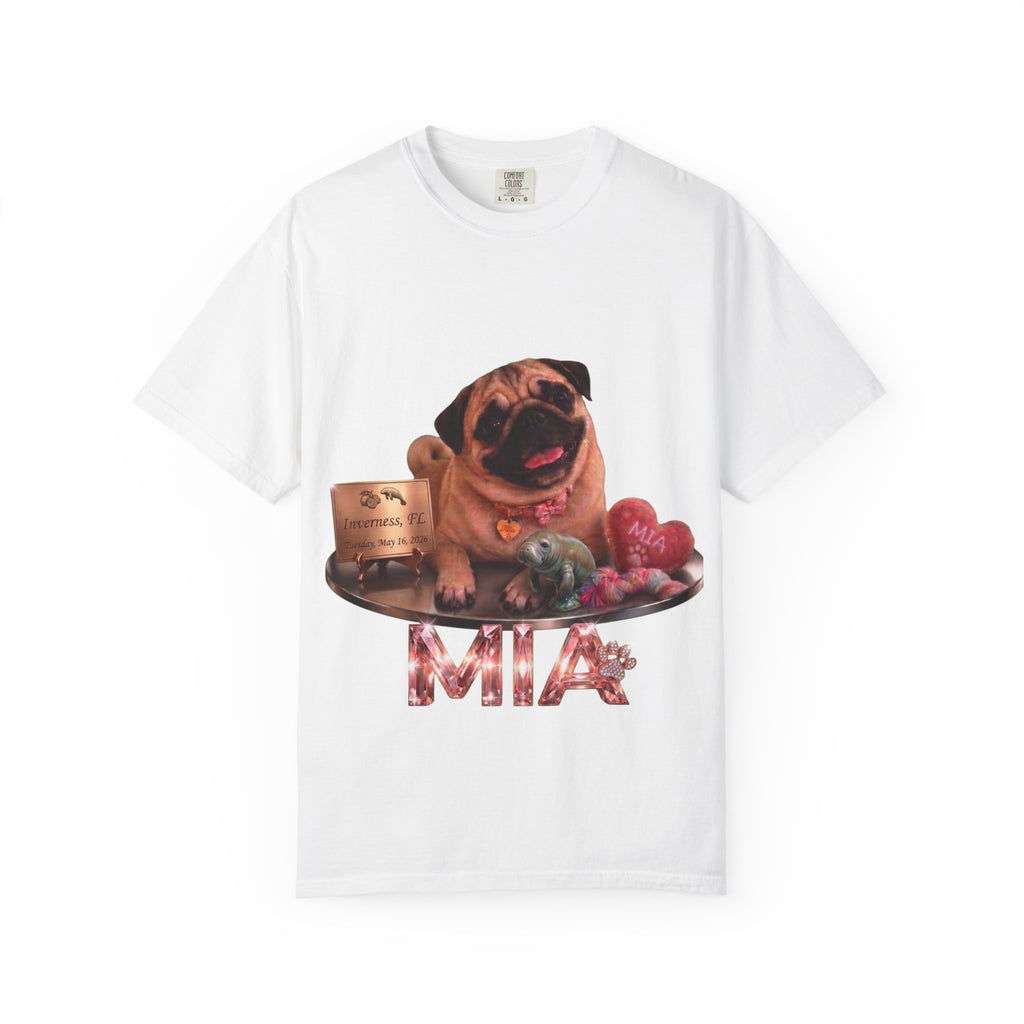 Pug Pet Portrait T-Shirt — Personalized "MIA" Dog Design