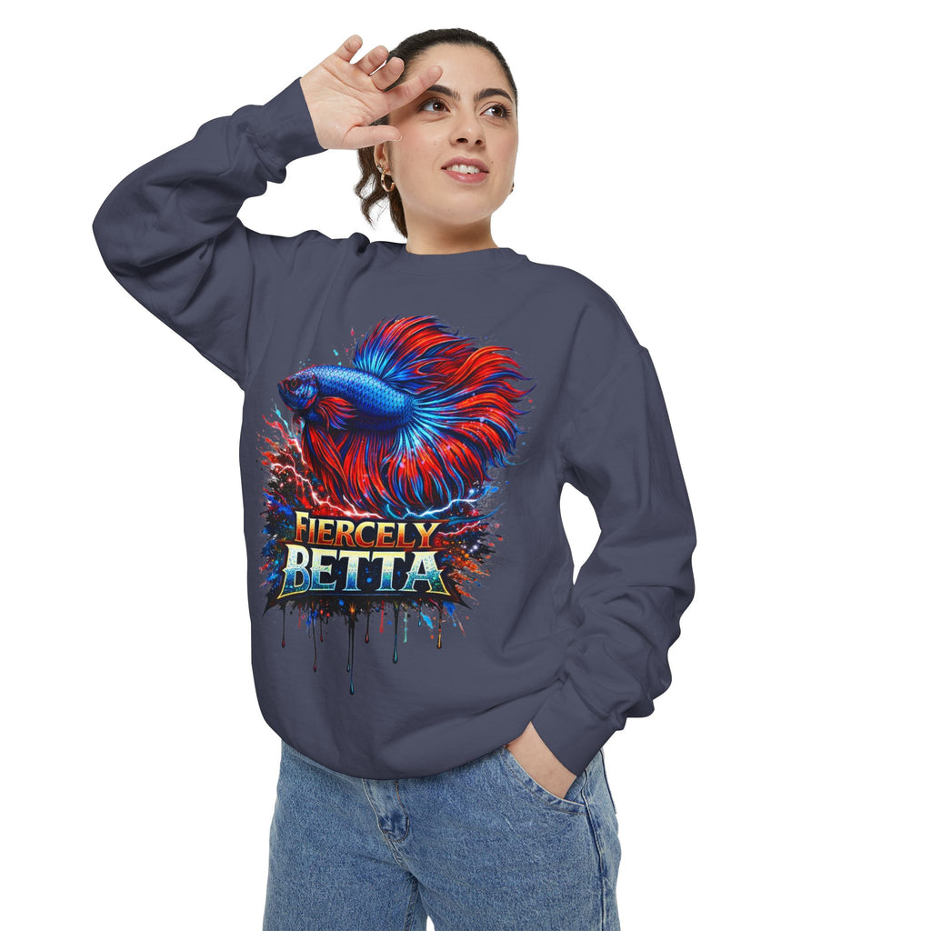 Betta Fish Sweatshirt — "Fiercely Betta" Colorful Aquarium Crewneck