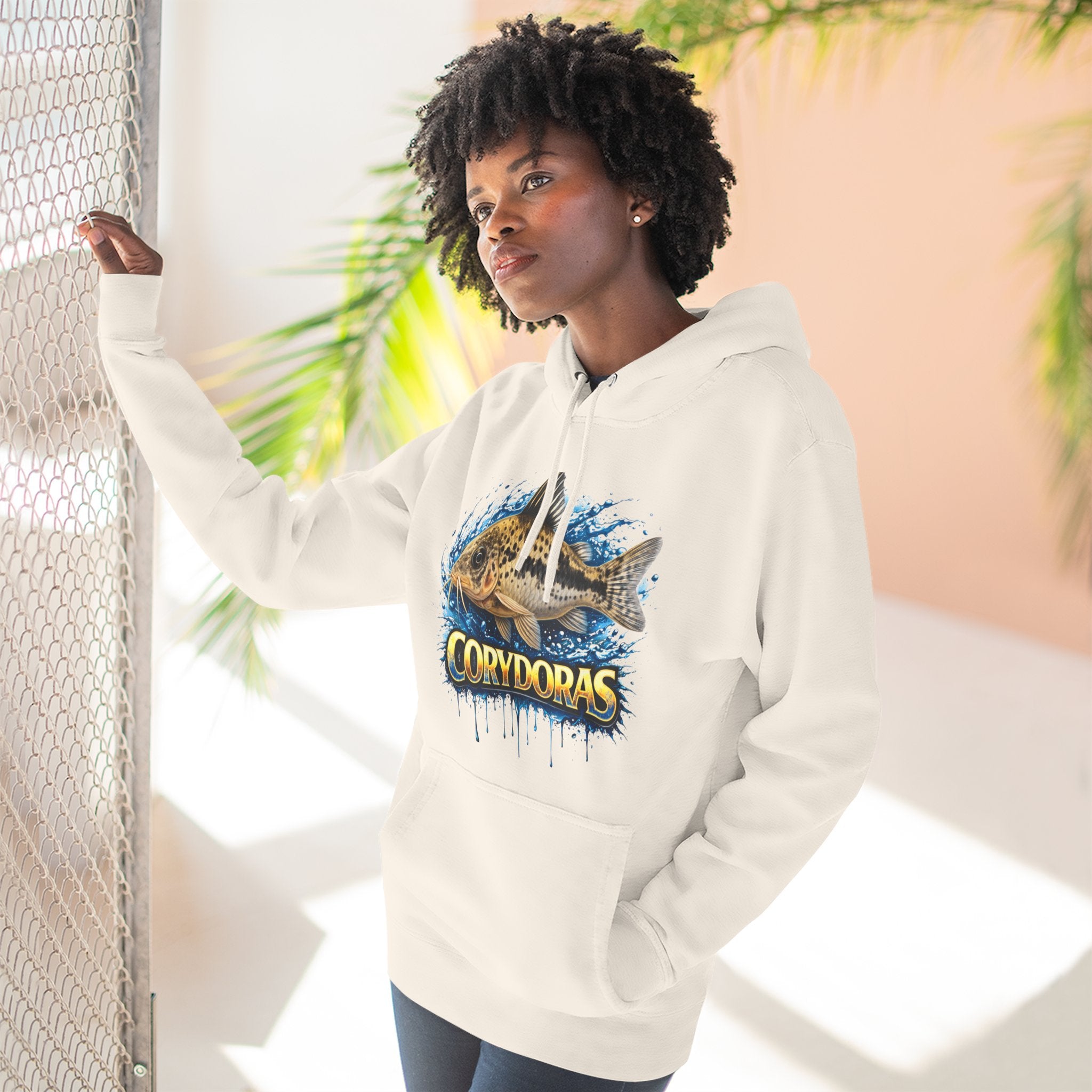 Peppered Corydoras Midweight Fleece Hoodie — Aquatic Catfish Illustration Pullover