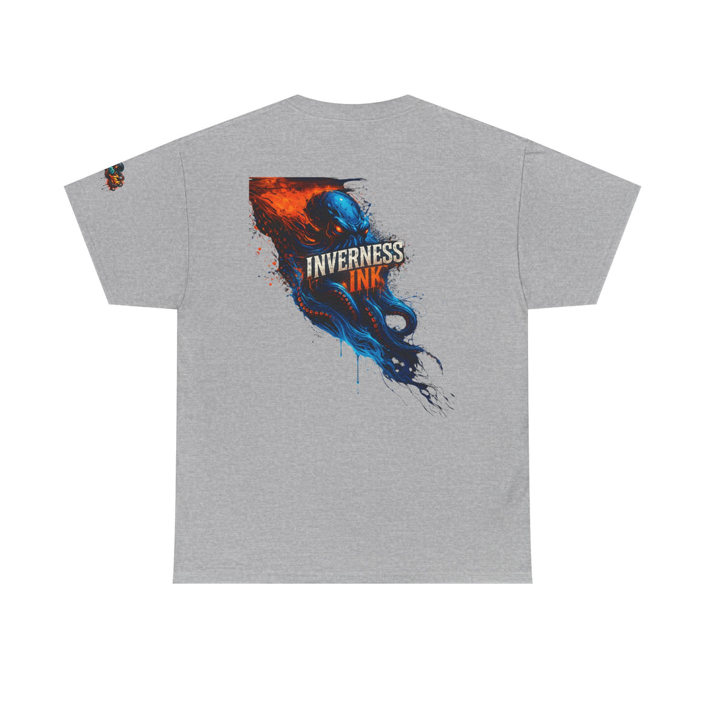 Inverness Ink Graphic Tee — Bold Blue & Orange Splash Backprint