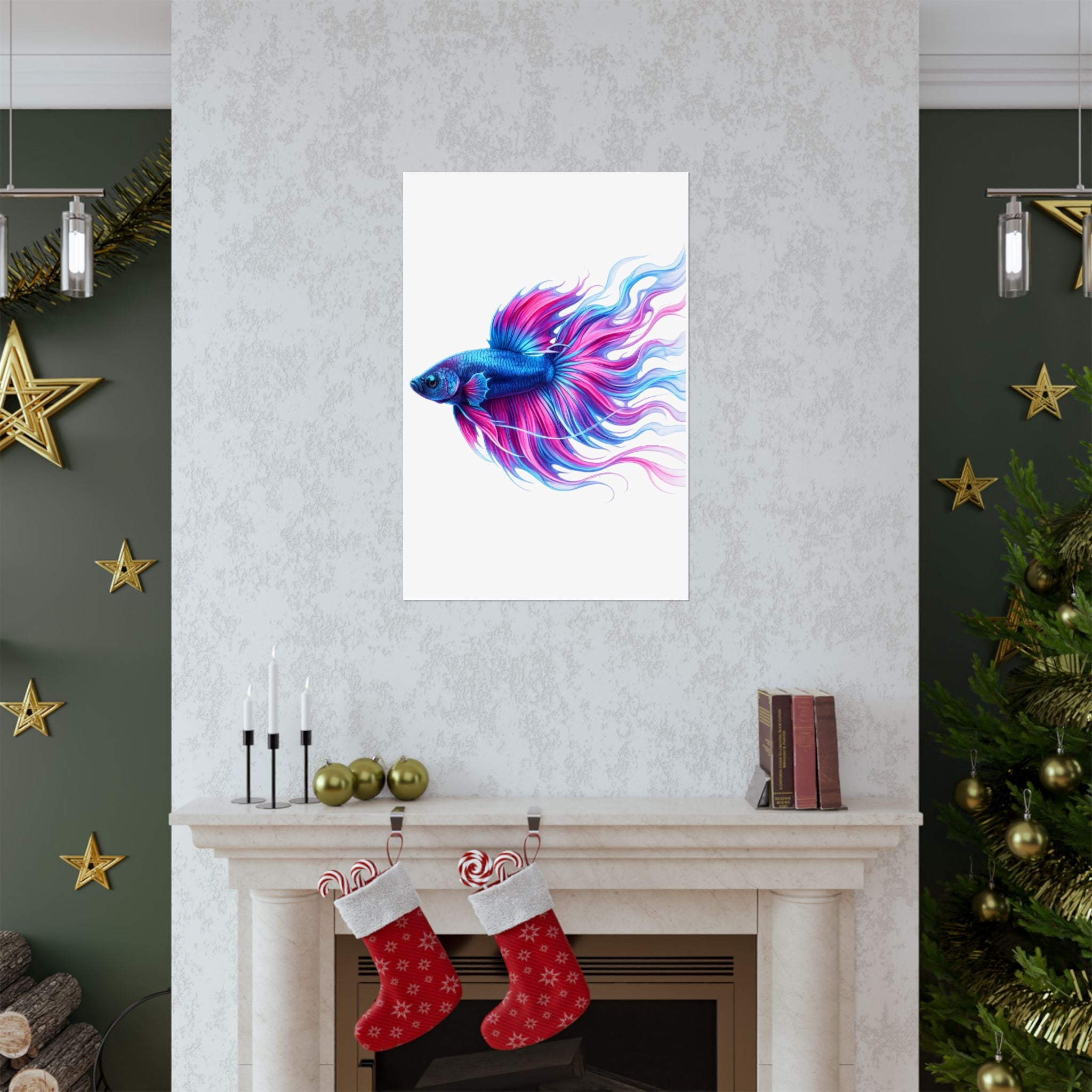 Betta Fish Art Poster — Colorful Blue & Pink Matte Vertical Wall Print