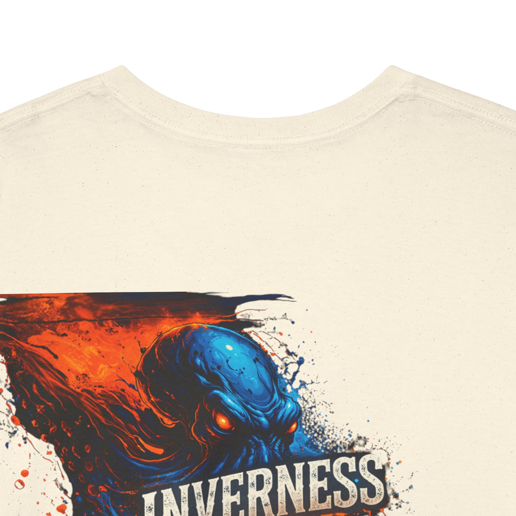 Inverness Ink Graphic Tee — Bold Blue & Orange Splash Backprint