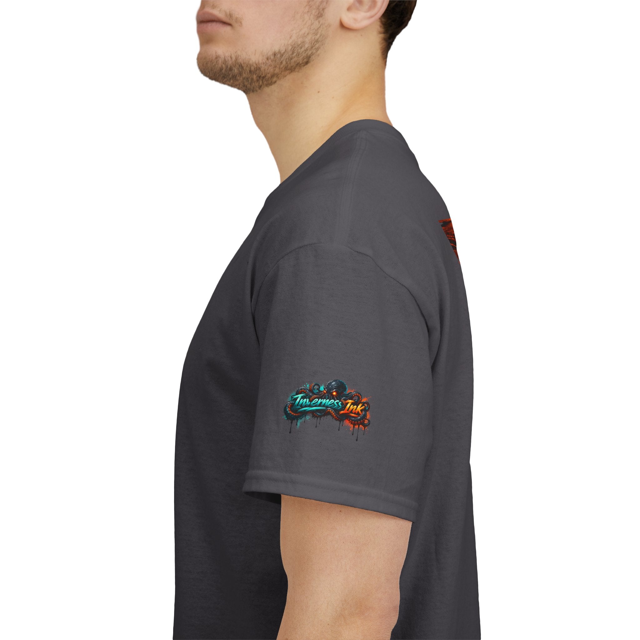 Inverness Ink Graphic Tee — Bold Blue & Orange Splash Backprint