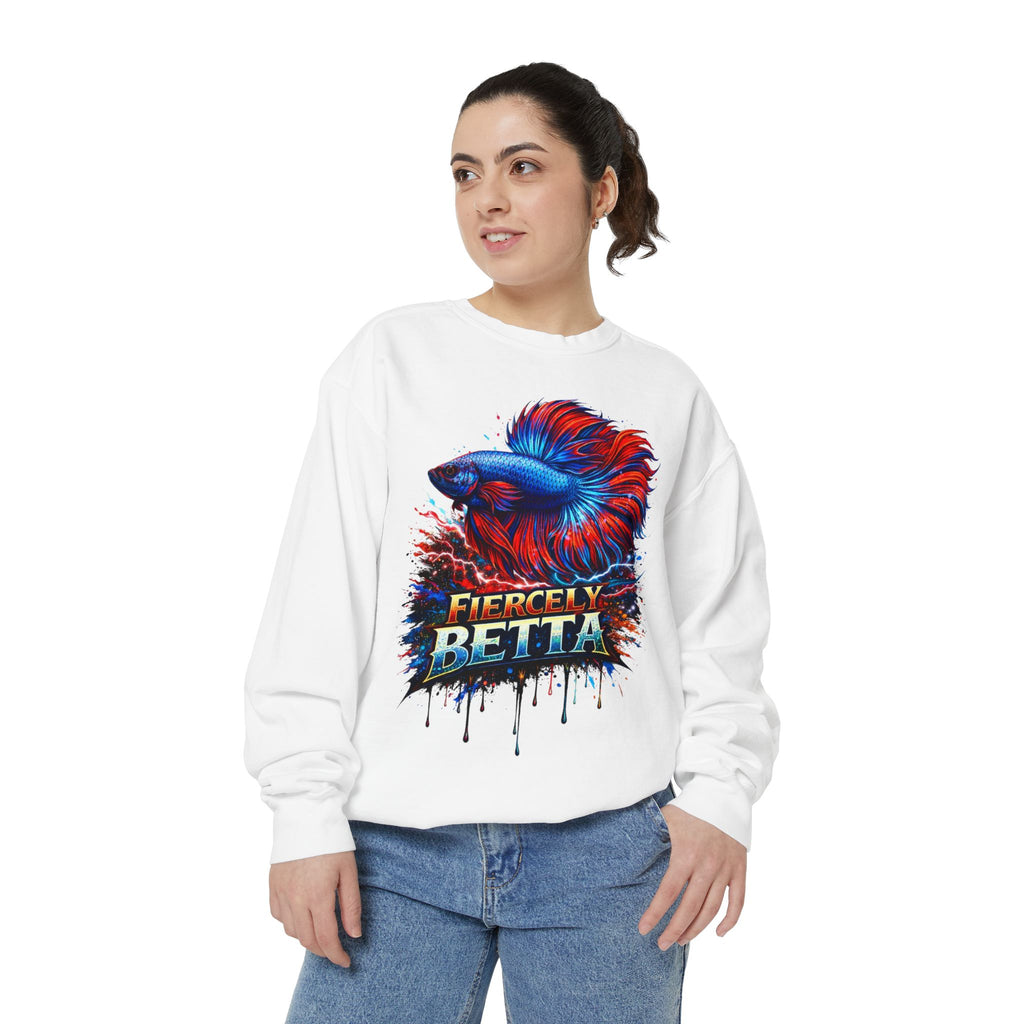 Betta Fish Sweatshirt — "Fiercely Betta" Colorful Aquarium Crewneck