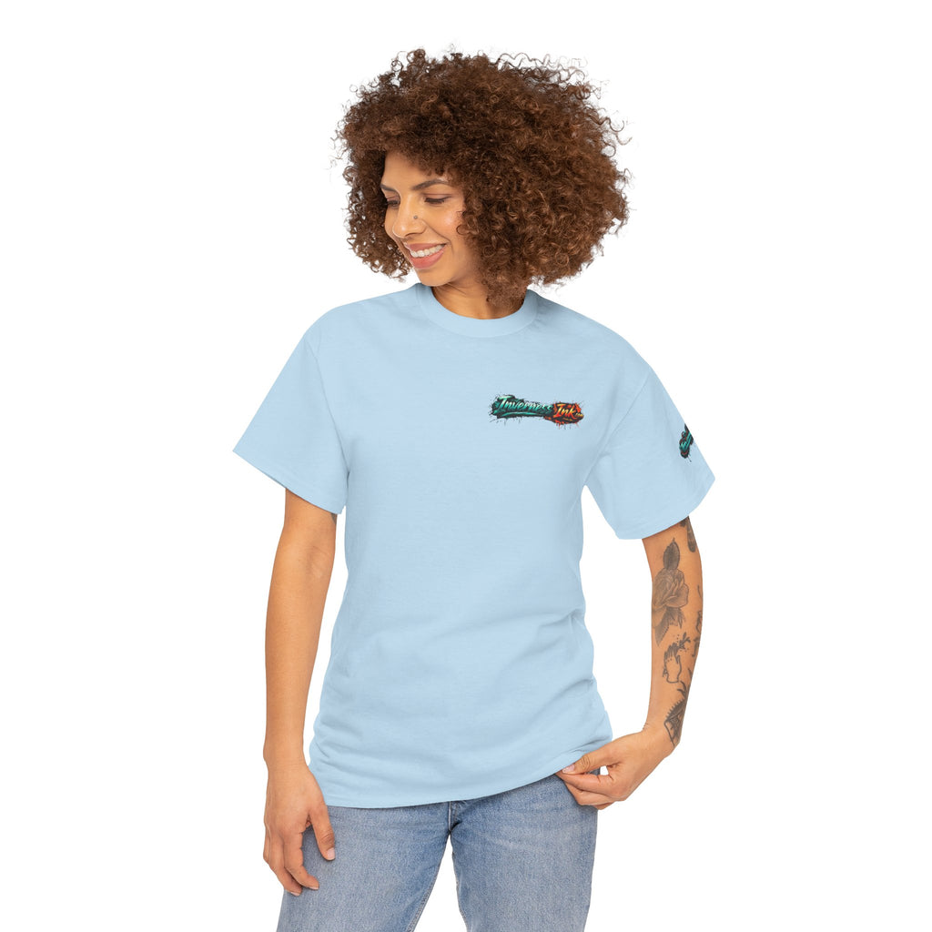 Inverness Ink Graphic Tee — Bold Blue & Orange Splash Backprint