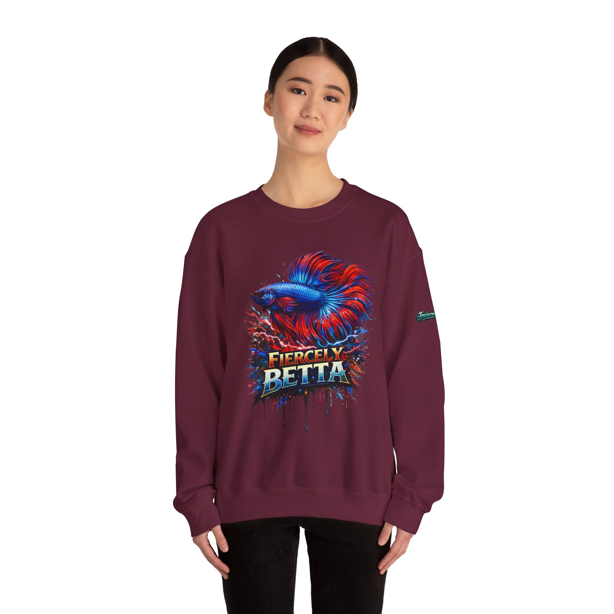 Betta Fish Crewneck Sweatshirt — "Fiercely Betta" Colorful Aquarium Graphic