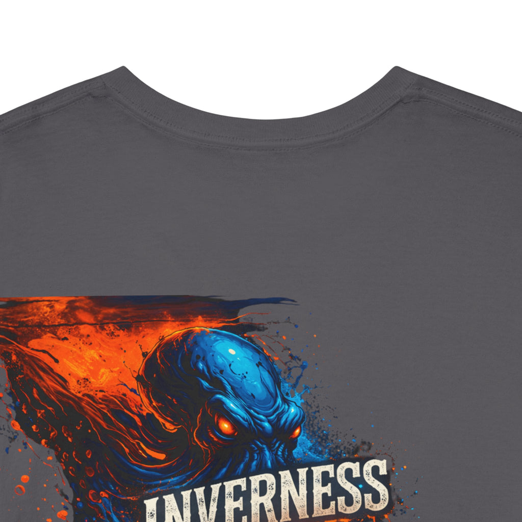 Inverness Ink Graphic Tee — Bold Blue & Orange Splash Backprint