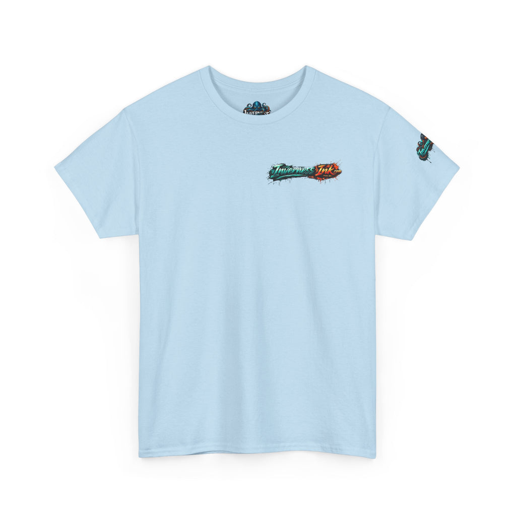 Inverness Ink Graphic Tee — Bold Blue & Orange Splash Backprint
