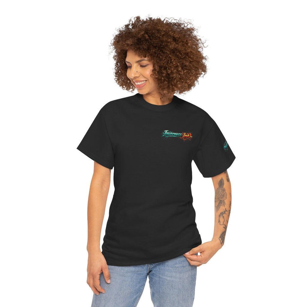 Inverness Ink Graphic Tee — Bold Blue & Orange Splash Backprint