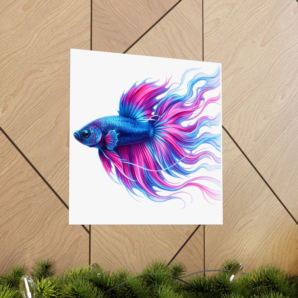 Betta Fish Art Poster — Colorful Blue & Pink Matte Vertical Wall Print