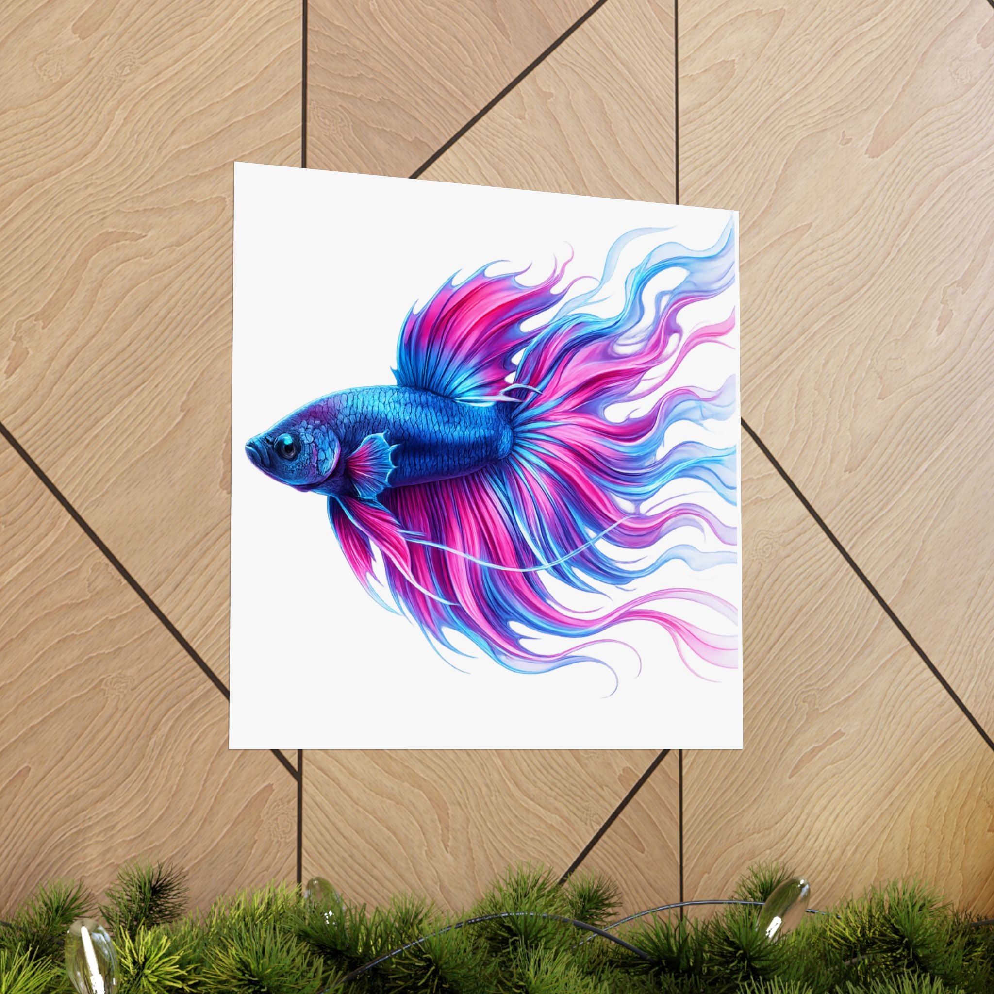 Betta Fish Art Poster — Colorful Blue & Pink Matte Vertical Wall Print