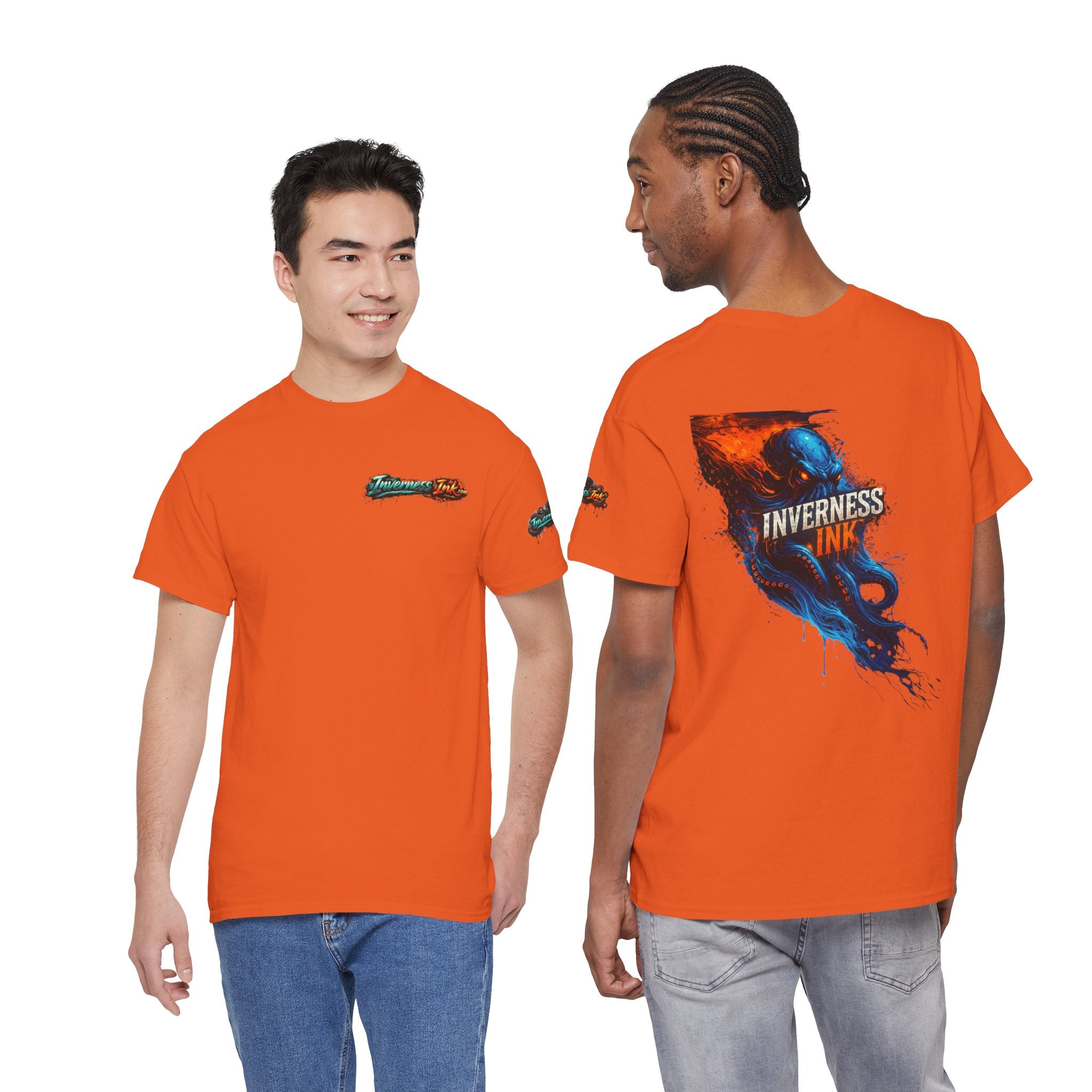 Inverness Ink Graphic Tee — Bold Blue & Orange Splash Backprint
