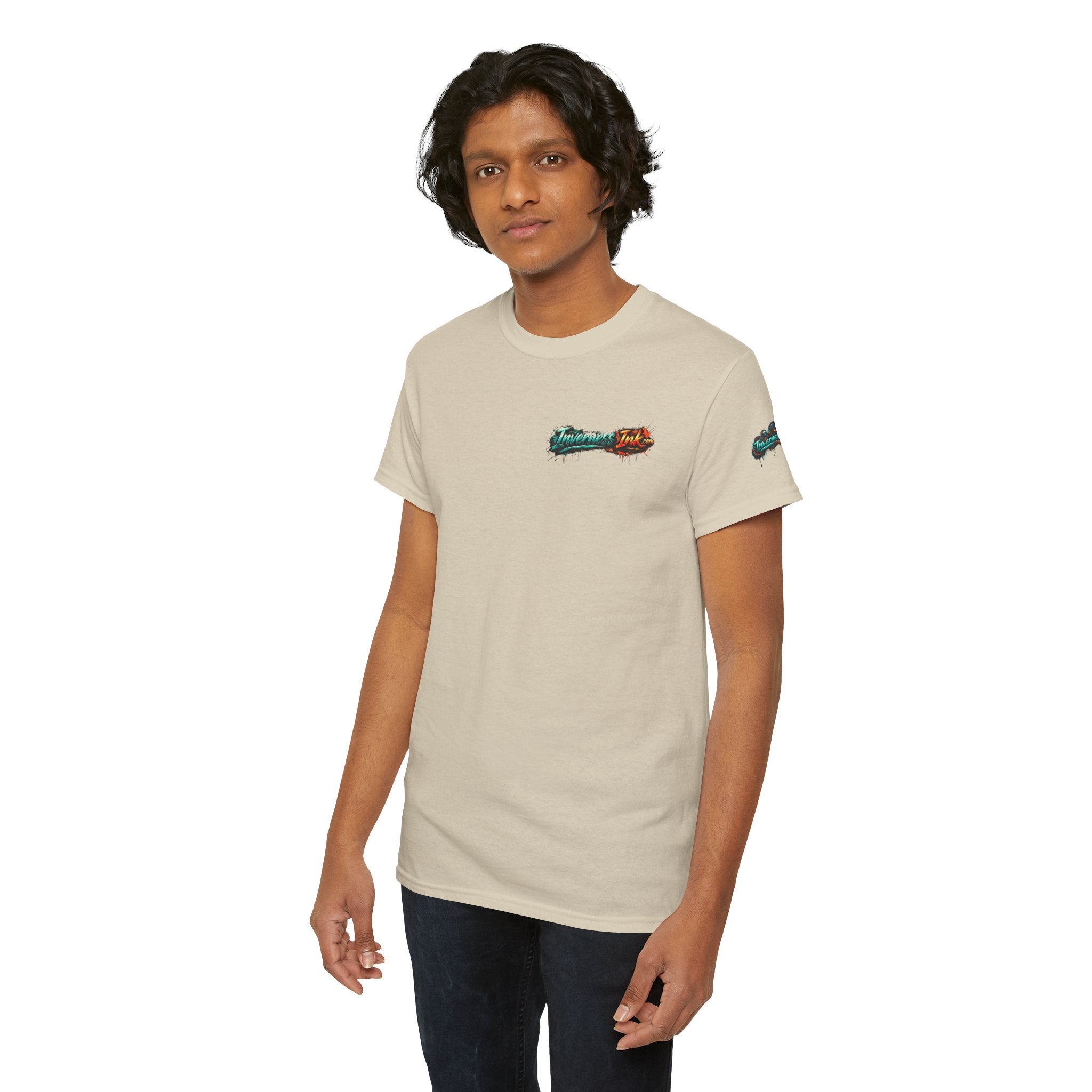 Inverness Ink Graphic Tee — Bold Blue & Orange Splash Backprint