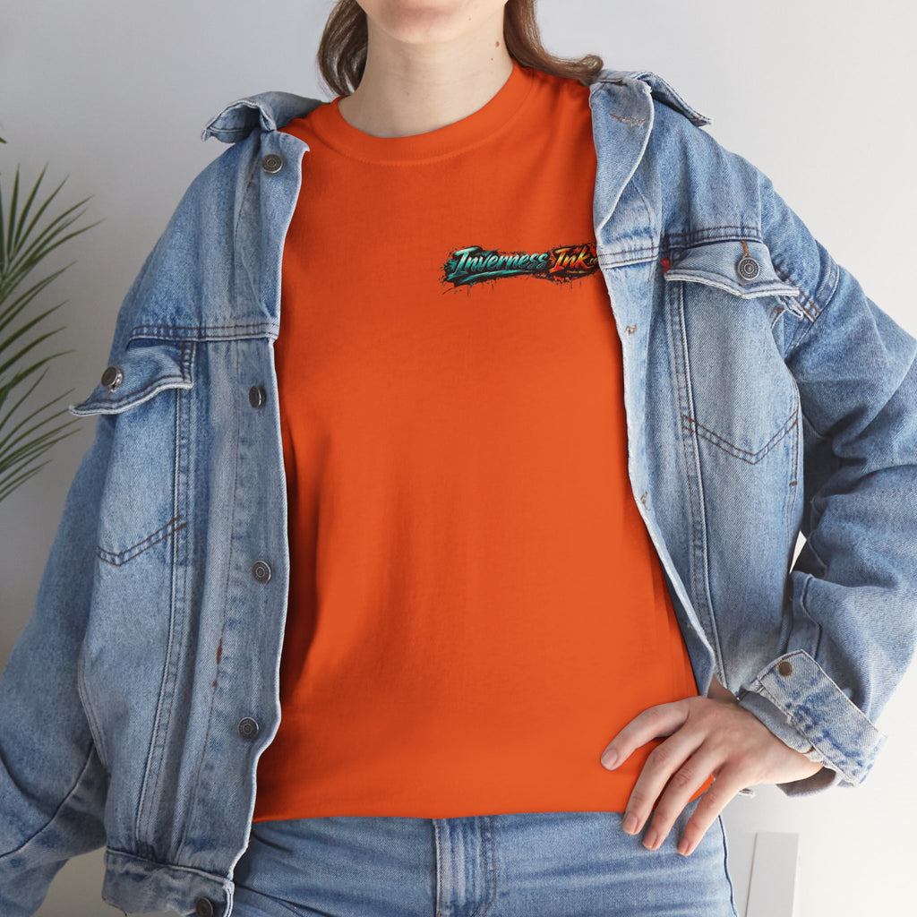 Inverness Ink Graphic Tee — Bold Blue & Orange Splash Backprint