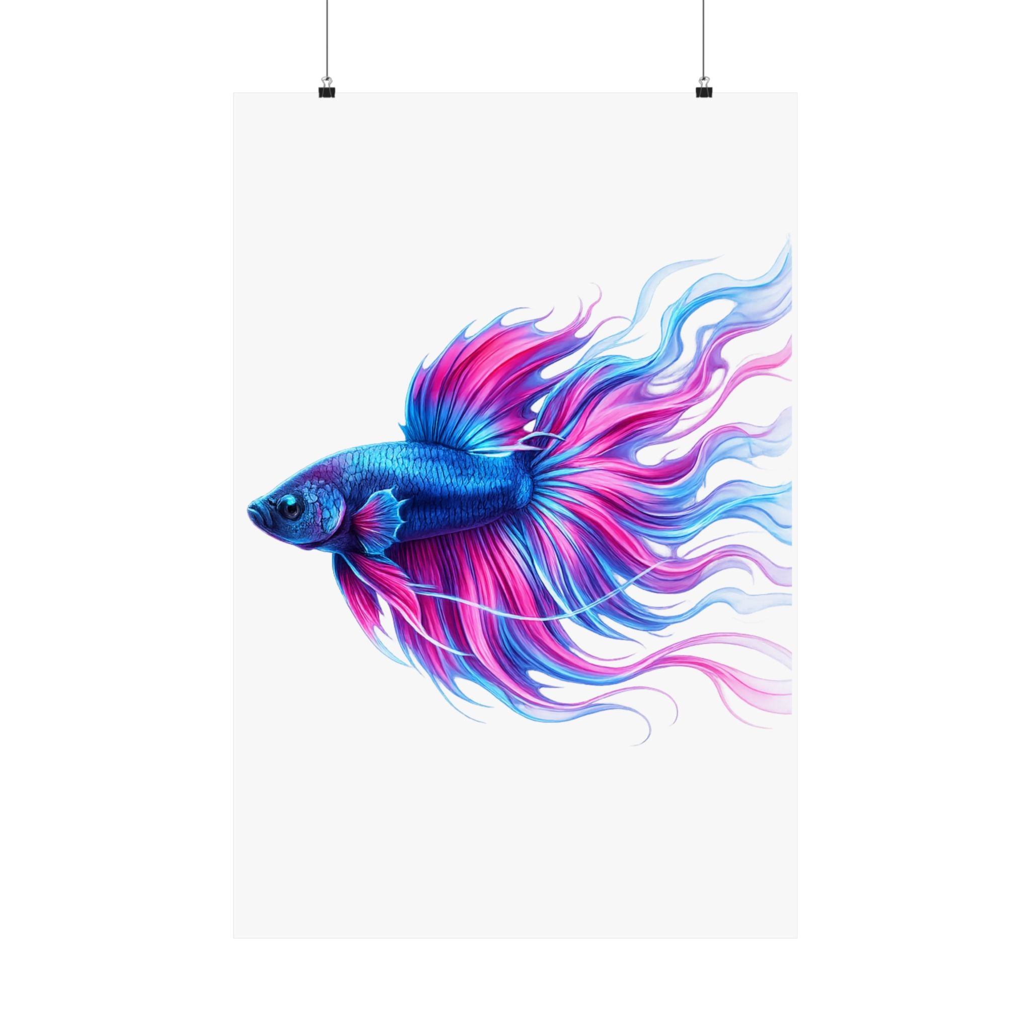 Betta Fish Art Poster — Colorful Blue & Pink Matte Vertical Wall Print