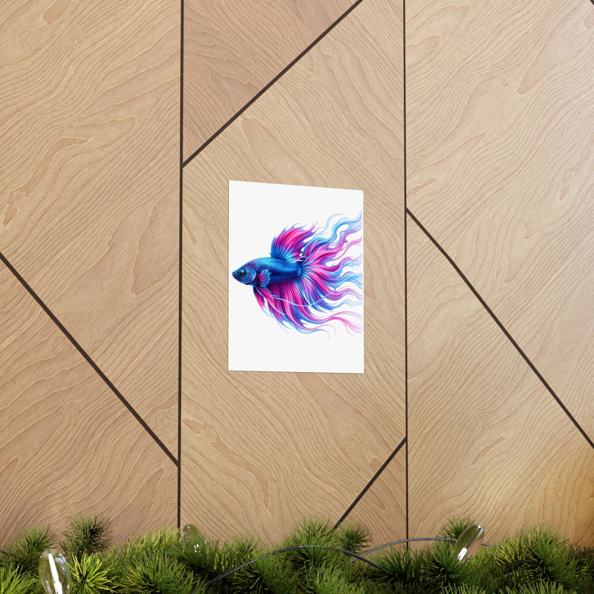 Betta Fish Art Poster — Colorful Blue & Pink Matte Vertical Wall Print