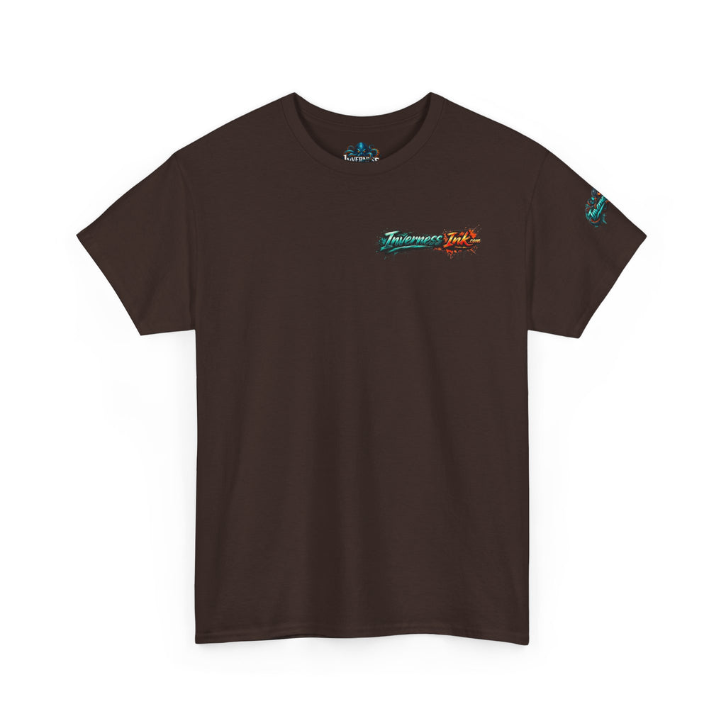 Inverness Ink Graphic Tee — Bold Blue & Orange Splash Backprint