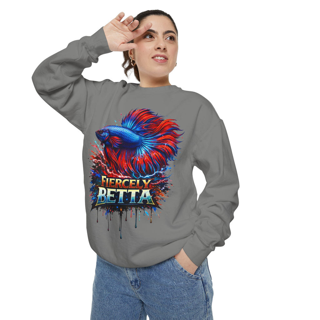 Betta Fish Sweatshirt — "Fiercely Betta" Colorful Aquarium Crewneck
