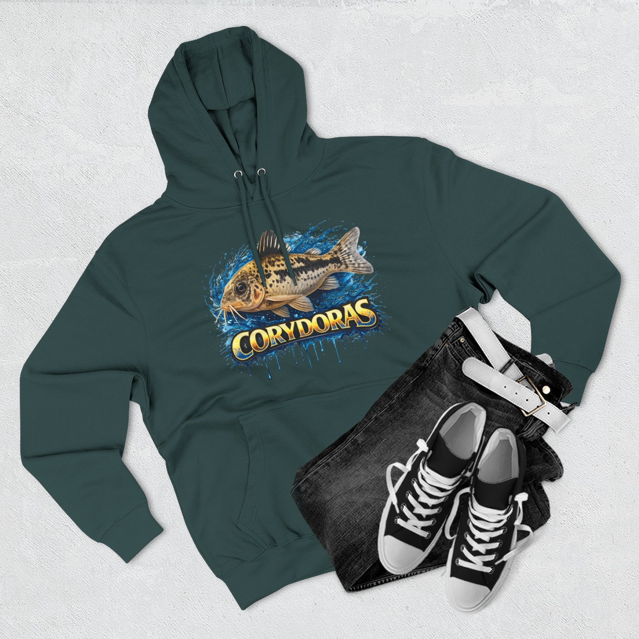 Peppered Corydoras Midweight Fleece Hoodie — Aquatic Catfish Illustration Pullover