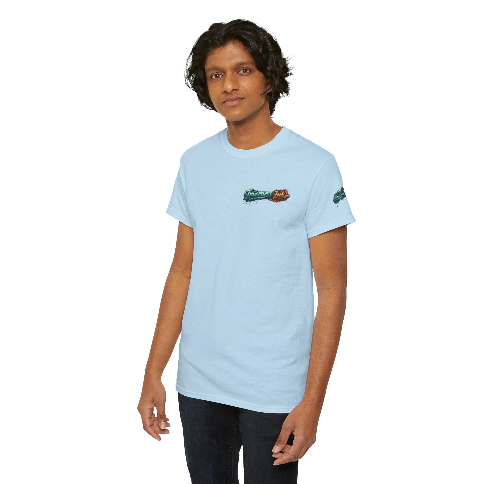 Inverness Ink Graphic Tee — Bold Blue & Orange Splash Backprint