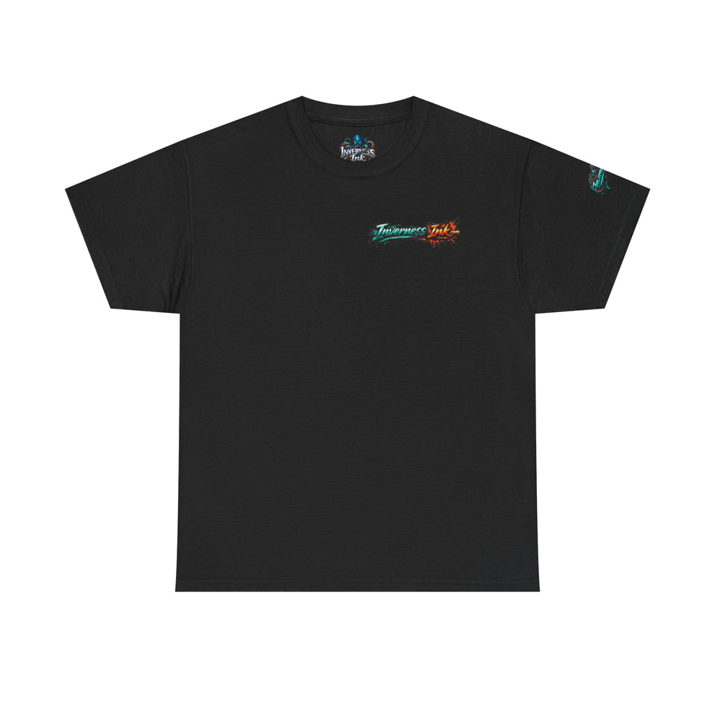 Inverness Ink Graphic Tee — Bold Blue & Orange Splash Backprint