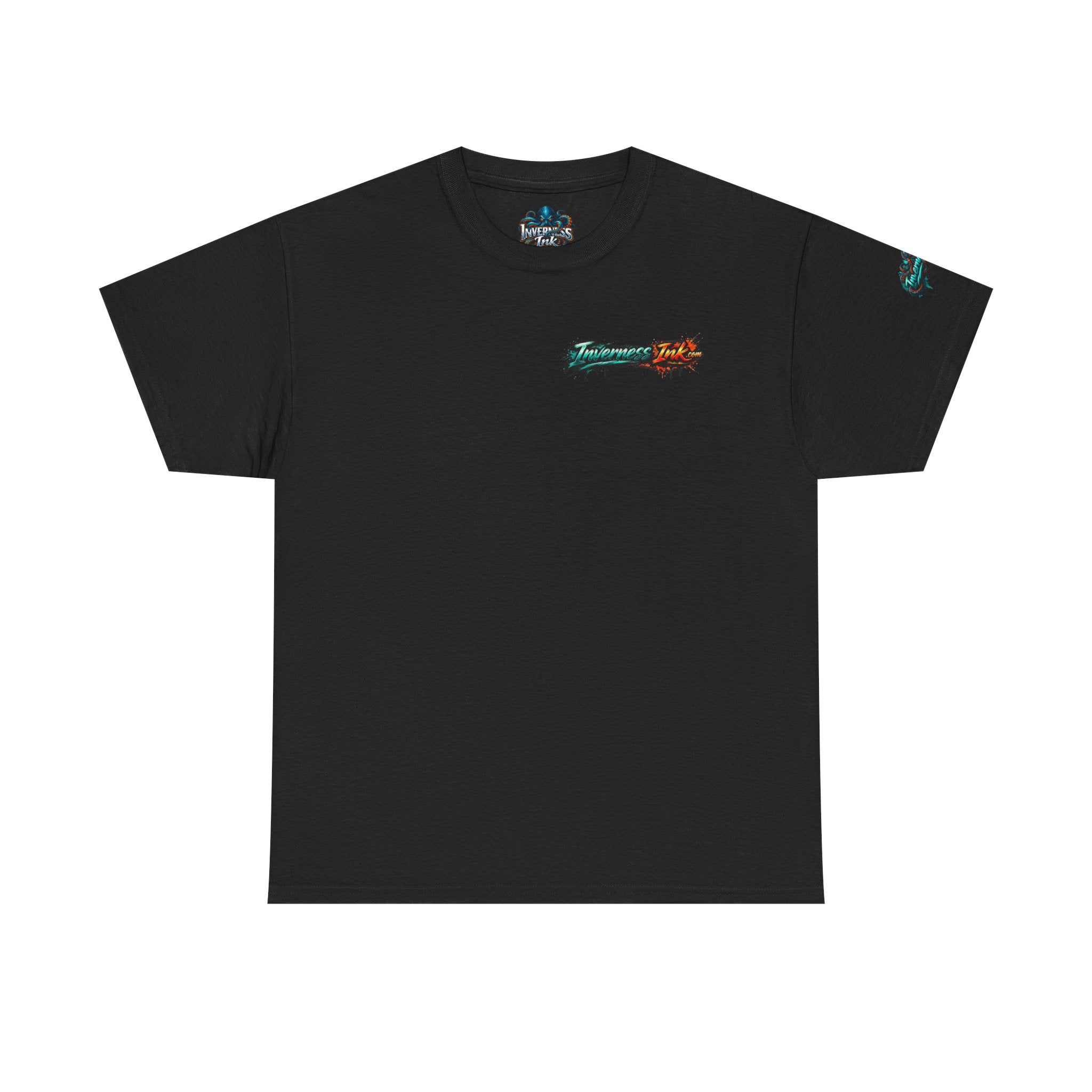 Inverness Ink Graphic Tee — Bold Blue & Orange Splash Backprint